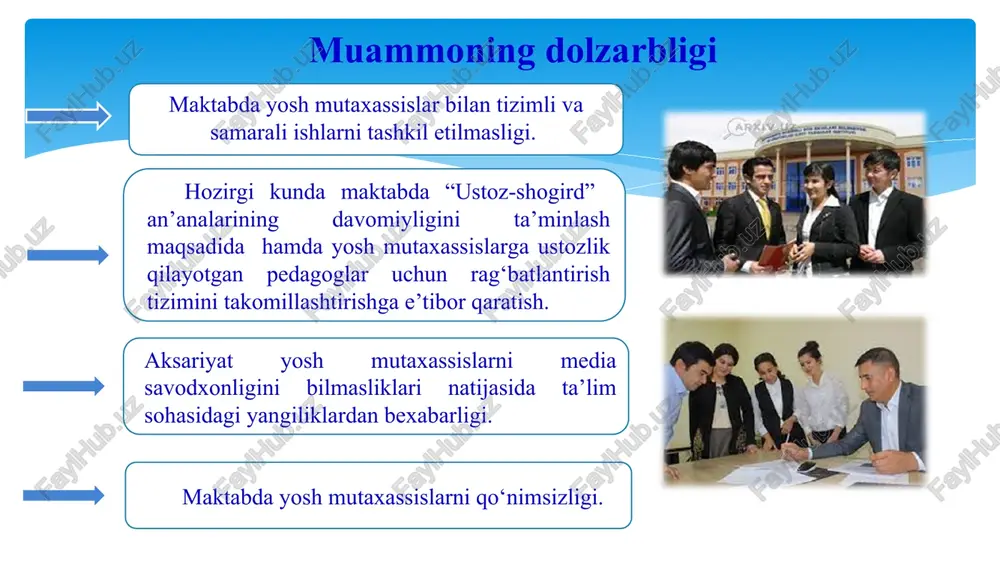 yoki faxriy yorliqlar bilan taqdirlanadi xolos. buyuk britaniya davlatida yosh mutaxassislarni kasbiga e’tiborni jalb qilish va uning afzalliklari haqida gapirish uchun reklama targ‘ibotini o‘tkazadi, yosh mutaxassislarni rag‘batlantirish va ularning mehnatini qadrlash uchun mahalliy homiy kompaniyalar tomonidan pul mukofotlari berib boriladi. yosh mutaxassislarni rag‘batlantirish va ularning mehnatini qadrlash uchun byudjetdan tashqari jalb qilingan mablag’lardan yoki homiylardan tushadigan mablag’lardan rag’batlantirib borish. mavzu yuzasidan xulosa xulosa qilib aytadigan bo‘lsam, maktabda yosh mutaxassislarning o‘rtasida -sog‘lom raqobat muhitini yaratish, -tajribali ustozlarga biriktirish -erkinlik va sharoitlar yaratib berish -rag’batlantirib borish kerak. ushbu usullarni muvaffaqiyatli amalga oshirish, maktabda yosh mutaxassislarning ish samaradorligini sezilarli darajada oshirishga va ularni maktabda qo‘nimlilik darajasini saqlab qolishga yordam beradi. mavzu yuzasidan takliflar 1. maktabda pedagoglarni ilg‘or ish tajribalarini yosh mutaxassislarga o‘rgatish chorasi sifatida uzluksiz kasbiy ta’limni rivojlantirish hamda yosh mutaxassislarni milliy va xalqaro sertifikatlarni qo‘lga kiritishi uchun tajribali maslahat beruvchi ustozlar guruhini shakllantirish. 2.yosh mutaxassislar bilan ishlaydigan tajribali o‘qituvchilarni direktor jamjarmasidan -10 …