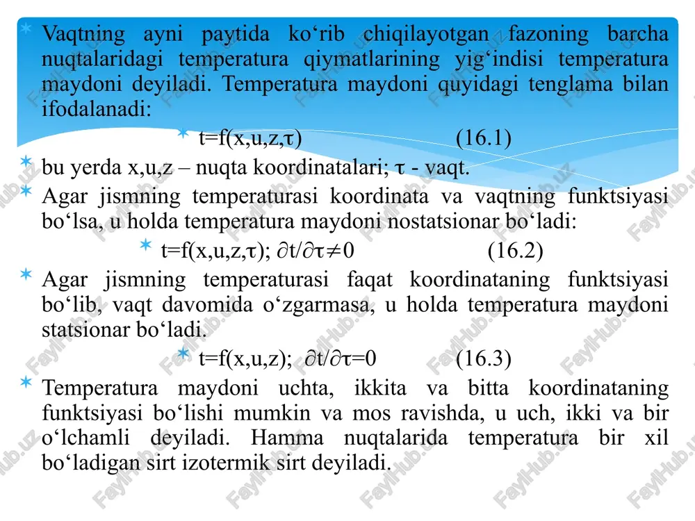qiymatga ega bo‘lib, u moddaning tuzilishiga, zichligiga, bosimiga va temperaturasiga bog‘liq. issiqlik o‘tkazuvchanlik koeffitsienti  ning qiymati har qaysi jism uchun tajribadan topiladi. ko‘pchilik materiallar uchun  ning temperaturaga bog‘liqligini quyidagicha ifodalash mumkin: =0[1+b(t-t0)], bu yerda 0-t0s temperaturadagi issiqlik o‘tkazuvchanlik koeffitsienti; t – temperatura, s; b – tajriba orqali aniqlanadigan temperatura koeffitsienti. metallar issiqlikni eng yaxshi o‘tkazadilar, ularda  3dan 458 vt/(mgrad) gacha o‘zgaradi. toza metallarning issiqlik o‘tkazuvchanlik koeffitsienti (alyuminiydan tashqari) temperatura ortishi bilan pasayadi. yengil g‘ovak materiallar issiqlikni yomon o‘tkazadi, chunki ularning g‘ovaklari havo bilan to‘lgan bo‘ladi. agar  t2 holda saqlab turiladi; temperatura faqat devor sirtiga perpendikulyar bo‘lgan o‘q x yo‘nalishdagina o‘zgaradi, ya’ni temperatura maydoni bir o‘lchamli, temperatura gradienti dt/dx ga teng. devor orqali o‘tadigan issiqlik oqimining zichligini topamiz va temperaturaning devor qalinligi bo‘yicha o‘zgarish tavsifini aniqlaymiz. devor ichida ikkita izotermik sirt bilan chegaralangan, qalinligi dx bo‘lgan elementar qatlamni ajratamiz. bu qatlam uchun fure tenglamasi quyidagi ko‘rinishda bo‘ladi: …