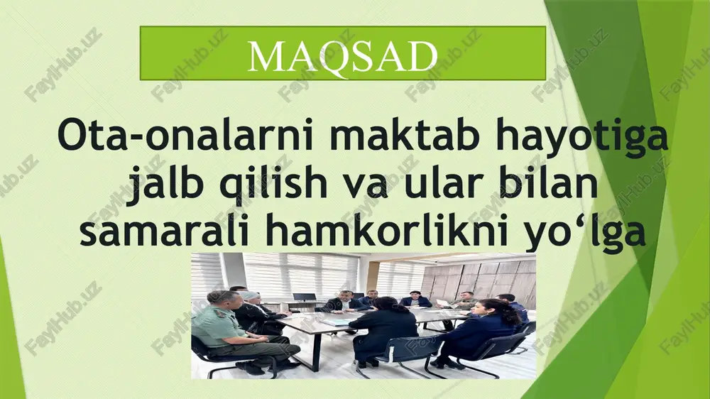 oiy institut shakllantirilmagan. amaldagi holat (xorijiy davlatlarda) finlyandiyada: ota-onalar va o‘qituvchilar uyushmalari mavjud bo‘lib, unda ota-onalar o‘z fikrlarini bildiradigan, g‘oyalarini taqdim etadigan va maktab siyosatini shakllantirishda ishtirok etadigan faol platformadirlar. taklif yosh oilalarga farzand tarbiyasi uchun maxsus o‘quv kurslari tashkil etilishi lozim va ota-onalarning huquqiy savodxonligini oshirish. ota-onalar ta’lim tarbiya jarayonida passiv ishtirokchiga aylanib qolgan. ijodiy ta’lim muhiti yetarli darajada emasligi. bizning maktablarda bolaning ta’lim-tarbiyasi ko‘proq o‘qituvchilarga yuklatilgan. yaponiya ta’lim tizimida ota-onalarning maktab tadbirlarida,spektakllarda va ko‘rgazmalarda faol ishtirok etishi jamoatchilik tuyg‘usini yaratadi va ota-onalarning bolaning ta’limini qo‘llab-quvvatlashini namoyish etadi. ijodiy ta’lim muhitini rivojlantirish uchun ota-onalarning maktabdagi ma’naviy-ma’rifiy tadbirlarga qatnashishini ta’minlash. taklif interaktiv platformalar ota-onalar uchun treninglar unda dars bo‘yicha qo‘shimcha manbaalar, jonli chatlar qilish imkoniyati bo‘lishi. ular orqali o‘quvchi progressi haqida ma’lumotlar shaffofligi ta’minlanishi kerak. haqiqatda manfaatli bo‘lishi kerak. bunda ular majburligidan emas tashkil etilgan seminarning ular uchun foydaliligi uchun kelishi kerak. muammo amalga oshirish mexanizmi mas’ullar muddati natija ota-onalarning …
