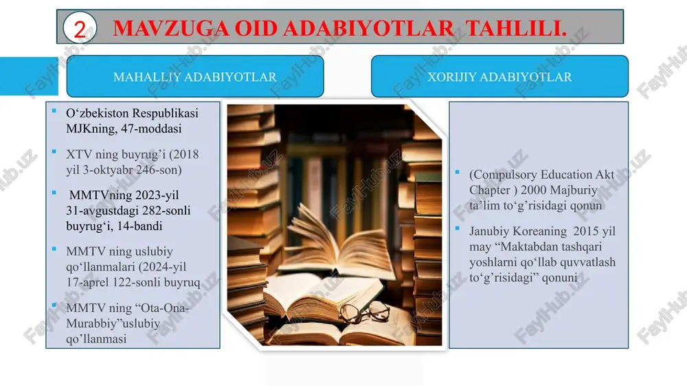 b borilgan har bir strategiyani oqibatlari va natijalarini tahlil qilish va shunga qarab qo‘shimchalar kiritish. t/r muammo muammoning yechimi mexanizmi mas’ullar muddati natija 1 o‘quvchilarga doimiy darslarda ishtirok etish talabini qo‘yish va ota-onalar bilan hamkorlik ota-onalar va o‘quvchilar bilan umumiy va sinflar kesimida muhokama qilish, shartnomalar tuzib uni aynan o’quvchilar bilan imzolash direktor, mmibdo‘ o‘ibdo‘, psixolog, sinf rahbarlar, fan o‘qituvchilari va ota-onalar o‘quv yili boshida sentyabr oyi birinchi o‘n kunligi o‘quv yili davomida davomat yaxshi bo’lishiga erishiladi 2 dars qoldirayotgan o‘quvchini kuzatish, ota-onasiga bildirish o‘quvchilarni kutib olish, ertalabki saflanish, davomat yuritish direktor, mmibdo‘ psixolog, sinf rahbarlar. har doim, zudlik bilan o‘quvchi o‘z o‘rni bor ekanligini his qiladi va darsga ma’suliyati oshadi 3 dars qoldirayotgan o‘quvchi bilan ochiq muloqot o‘quvchining maqsadi, qiyinchiliklari va muammosini o‘rganish direktor,mmibdo‘ psixolog, sinf rahbarlar, maktab hamshirasi zudlik bilan davomat yaxshilanadi, o‘quvchilardan ajralib qolmaydi 4 doimiy e’tibor va e’tirof davomat doskasi, turli rag’batlar, ballar va motivatsiya direktor …