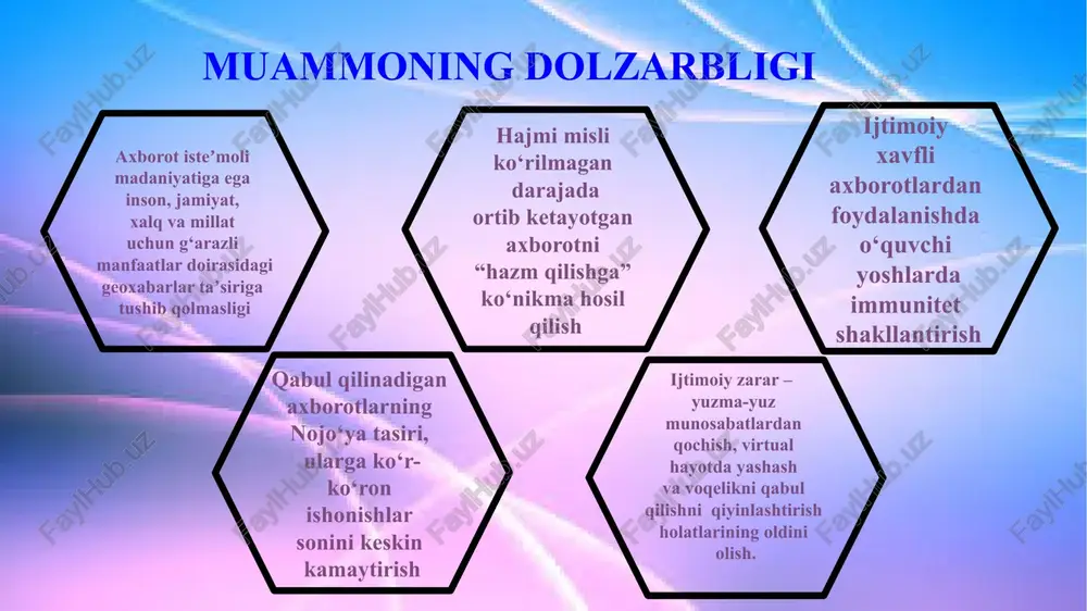oglar uchun axborot madaniyati o‘quv kurslarini maktabda tashkil etish; 3. ota-onalarni axborot madaniyati shakllantirish maqsadida maktabda ota-onalar uchun o‘quv kursalari tashkil etish( oyda bir marta); 4. o‘quvchilar bilan amaliy loyihalar yaratish(asoslangan ma‘lumotlar asosida haftada bir marta); 5. maktabdagi o‘quvchi yoshlarga axborotni doimiy filtrlashni(tahlil qilish) o‘rgatgish; 6. o‘quvchilarni axborot manbalaridan to‘g‘ri foydalanish, yolg‘on axborotni aniqlash ko‘nikmalarini rivojlantirishga o’rgatish(mustaqil ko‘nikma hosil qilish); 7. maktabda o‘quvchi va o‘quvchilar o‘rtasida axborot almashinuvida xavfsizlik qoidalarini takomillashtirish; 8. o‘quvchilarga ruxsatlar va huquqlar haqida keng ma’lumotlar berib borish; moldovada 2014-yildan beri mamlakatda maktab o‘quvchilari va talabalar uchun mediasavodxonlikni o‘rgatish bo‘yicha milliy darajadagi loyiha joriy etildi. 2017-yildan boshlab boshlang‘ich va o‘rta maktablarda “raqamli ta’lim” kursi o‘tila boshlandi. polshada boshlang‘ich maktab o‘quvchilari va maktabgacha yoshdagi bolalar finlandyia metodologiyasi bo‘yicha o‘qitiladi, unda mediasavodxonlik, kiberbulling va internet bo‘yicha o‘quv materiallari va o‘yinlar mavjud. shvetsiyada mediata’lim maktabda 1980-yildan beri joriy etilgan. bu bo‘yicha ta'lim portal mavjud bo‘lib, unda ma'lumotni tahlil qilish, feyklarni …