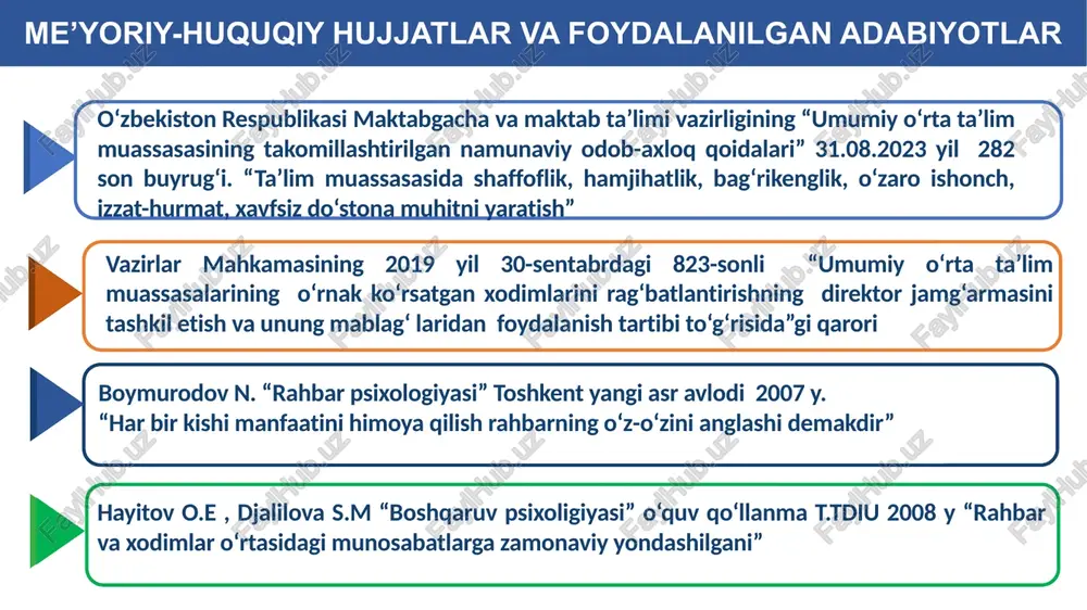 omonidan doimiy ravishda qo‘llab-quvvatlab turiladi. taklif: yoshlarga samarali ustozlik qilgan o‘qituvchilar faoliyatini baholash tizimini joriy etish va rag‘batlantirish. 1 qiyosiy tahlil 9 maktab rahbariyati tomonidan xodimlarga topshiriq va buyruqlar berilganda: tezda qabul qilib, tezda bajarish talab etiladi. bu holatda ko‘pincha bajarilgan ishning sifati past bo‘ladi. yaponiyada qaror samarali ijro etilishi zaruriyatida (yaponiyaliklar qarorni sekin qabul qilishadi, lekin qaror ijrosi juda tez amalga oshiriladi) taklif: topshiriq va buyruqlar berilganda ijro muddati uchun yetarli vaqt berilib, ish sifati va natijadorligiga e’tibor berish zarur. 1 maktabda ma’muriyat va pedagoglar o‘rtasidagi ijtimoiy sog‘lom muhitni yaratishda avvalo to‘g‘ri qaror qabul qilish, ziddiyatlar yuzaga kelmasligi uchun maktab jamoasi tomonidan belgilangan ta’lim va tarbiya bilan bog‘liq masalalarni o‘z vaqtida, sifatli va uzluksiz amalga oshirish maqsadga muvofiq. o‘qituvchilar orasidagi munosabatlar o‘zaro hamkorlik va xayrixohlik tamoyillari asosida qurilgan jamoada guruh a’zolari hamkorlikda ishlarni amalga oshiradi va munosabatlarda ma’qullash hamda o‘zaro qo‘llab-quvvatlash hukmronlik qiladi. yaxshi konstruktiv takliflar bildiriladi, kadrlar qo‘nimsizligiga …
