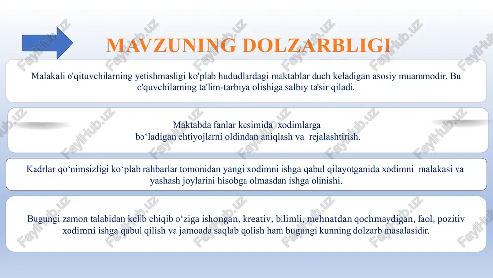 l reja boshqaruv ijtimoiy himoya vazifalar kadrlar almashinuvini sabablarini aniqlash va xodimlarni saqlab qolish strategiyasini ishlab chiqish. aniq maqsadlar va rejalarni belgilash. samarali boshqaruv va rahbarlik tizimida, o‘qituvchilarning fikrlarini inobatga olish. o‘qituvchilarni ijtimoiy himoya qilish, moddiy va ma’naviy rag‘batlantirish va mukofotlash choralarini koʻrish. ish sharoiti maktabda qulay va xavfsiz ish sharoitlarini yaratish. kadrlar bilan suhbat o‘tkazish, munosib ravishda sinov - motivatsiyalash va rag‘batlantirish 8 xorijiy tajribalarning o‘rganilganligi xitoy aqsh yaponiya xitoyning eng yirik provinsiyalaridan birida shanxayda oʻqituvchilik kasbi martaba zinapoyasida kuchli vosita boʻlib xizmat qiladi, hozirgi va intiluvchan talabalarga foydali kasbiy martaba traektoriyasini taqdim etish orqali o‘qituvchilik maqomini oshirishmoqda. yangi o‘qituvchilar uchun dastlabki yillarda yordam berish va qo‘llab-quvvatlash dasturlari amalga oshiriladi.. tajribali o‘qituvchilar yangi o‘qituvchilarga mentorlik qilishi uchun maxsus dasturlar tashkil etiladi. mentorlar yangi o‘qituvchilarga maslahatlar beradi, ularni yo'naltiradi va qo‘llab-quvvatlaydi, o'qituvchilarga ko'proq maosh to’lanadi. muammo yuzasidan yaponiya muvaffaqiyatining siri oddiy bo‘lib, talantli kadrlarga kurashning yuqoriligidadir. ikkinchi va uchinchi kurs …