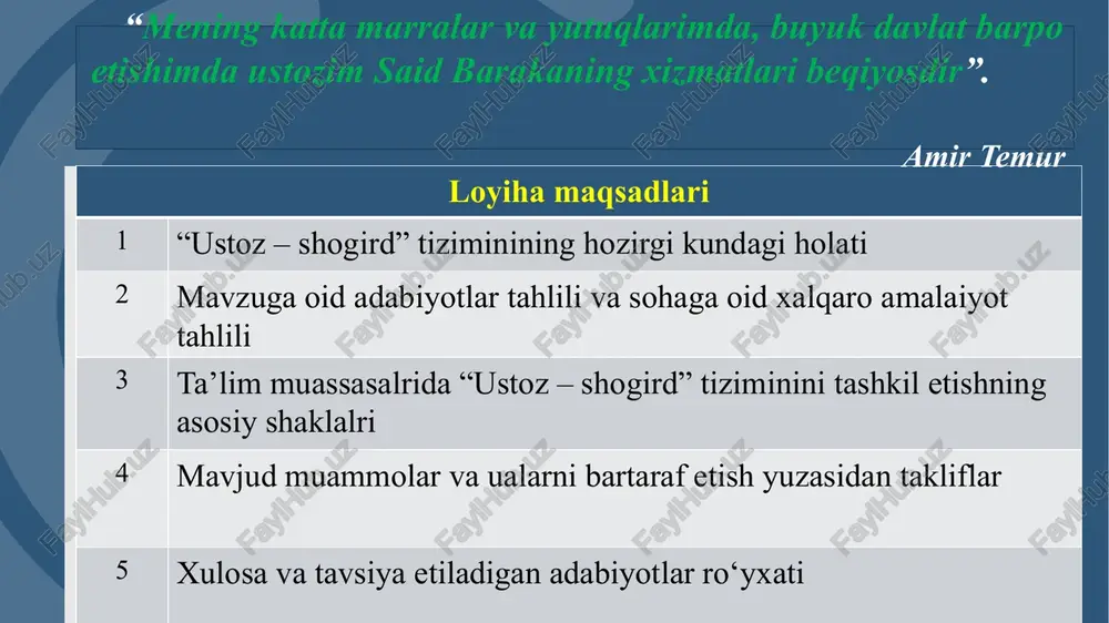 irdni o`z – o`zini tarbiyalash orqali, ya’ni egallagan kasb – hunarini san’at darajasiga ko`tarishi, milliy qadriyatlarimiz hamda an’analarimizga sodiq qolgan holda ustozlar o`giti hamda ishini davom ettirishini taqoza etadi. 8 vazifa “ustoz – shogird” tizimini tashkil etish va uni takomillashtirishda asosiy vazifa oliy o`quv yurtini bitirib kelgan yoshlarga maktabda mazmunli bilim berishni tashkil etish, kasbiy mahoratga ega bo`lish orqali ustozlar yo`lidan borib, kelajakda o`z sohasining bilimdoni, ma`naviy sog`lom, ruhan pok, bo‘lishini ta’minlashdan iborat. bu jarayonni uzluksiz amalga oshirish uchun yaxlit holda shogirdni o`z – o`zini tarbiyalash orqali, ya`ni egallagan kasb – hunarini san’at darajasiga ko`tarishi, milliy qadriyatlarimiz hamda an’analarimizga sodiq qolgan holda ustozlar o`giti hamda ishini davom ettirishini taqoza etadi 9 9 “ustoz-shogird” tizimi doirasida kadrlar salohiyatini oshirish borasida amalga oshirish strategiyam “ustoz-shogird” tizimini yo`lga qo`yib maktabimda kadrlar salohiyatini oshirish maqsadida hozirda maktabda 60 nafar pedagoglar faoliyat yuritib kelayotganligi, shulardan 10 nafar oliy toifali, 10 nafar birinchi toifali hamda 10 …