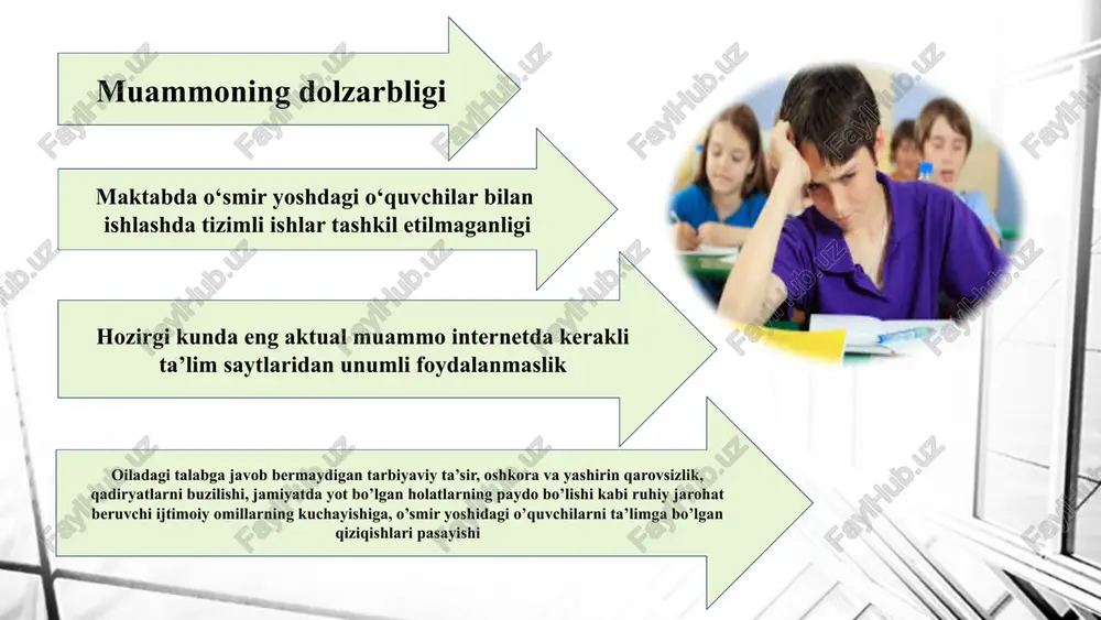 y maslahatchilar keng qo‘llaniladi. - dual ta’lim tizimi: maktab ta’limi va ishlab chiqarish amaliyoti uyg‘un ravishda olib boriladi. - shaxsiy rivojlanish dasturlari: o‘quvchilarning shaxsiy qobiliyatlari va ehtiyojlariga mos rivojlanish dasturlari amalga oshiriladi. - psixologik qo‘llab-quvvatlash: maktablarda psixologik qo‘llab-quvvatlash xizmatlari faol ishlaydi. muammo yuzasidan xorijiy tajribalarning o‘rganilganligi qiyosiy tahlil etilganligi t/r amaldagi holat (oʻzbekistonda) amaldagi holat (xorijda) taklif o’zbekistonda o’quvchilarga dts asosida ta’lim beriladi finlyandiya - shaxsga yo‘naltirilgan ta’lim: o‘quvchilarning shaxsiy ehtiyojlari va qiziqishlariga ko‘ra moslashtirilgan ta’lim beriladi. shaxsga yo’naltirilgan ta’limni tashkil etish 2. o’zbekistonda o’quvchilarga dts asosida ta’lim beriladi aqshda - mentorlik dasturlari: ta’lim jarayonida mentorlik dasturlari va shaxsiy maslahatchilar keng qo‘llaniladi. bo’sh o’zlashtirayotgan o’quvchilarga murabbiylar biriktirish 3. o’zbekistonda o’quvchilarga dts asosida ta’lim beriladi germaniya-- dual ta’lim tizimi: maktab ta’limi va ishlab chiqarish amaliyoti uyg‘un ravishda olib boriladi. o’smir yoshdagi o’quvchilar bilan qiziqishidan kelib chiqib kasb sinflari tashkil etish xulosa: - dual ta’lim tizimi: maktab ta’limi va ishlab chiqarish amaliyoti …