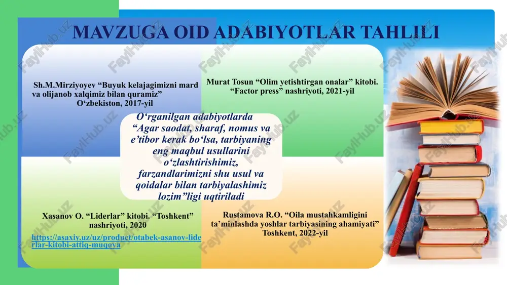 uvchilarning ma’naviy va jismoniy rivojlanishini ta’minlash d) o‘quvchilar va o‘qituvchilar orasidagi aloqalarni kuchaytirish muammo yuzasidan xorij tajribalarining o‘rganilganligi 7 qiyosiy tahlil t/r amaldagi holat (o‘zbekistonda) amaldagi holat (xorijda) takliflar farzand tarbiyasida har bir oila oʻziga xos xususiyatlarni namoyon qiladi.o‘zbek oilalarida andisha, sharm-hayo xislatlari ustunlik qiladi. ota-onalar o‘z farzandlari bilan birgalikda ochiq va oshkora suhbatlarni tashkil etadilar sinf rahbar o‘quvchilari bilan muammolari yuzasidan ochiq do‘stona suhbatlar qurishi kerak 2. farzand ta’lim-tarbiyasidagi javobgarlik aksariyat hollarda ta’lim muassasasiga qaratilgan javobgarlik va mas’uliyat ota-onalarda yuqori: bolaning yoshidan qat’i nazar, uning kuni soat bo‘yicha rejalashtirilgan. sinflar, qo‘shimcha mashg‘ulotar, to‘garaklar, ijodiy studiyalar va boshqalar. bolaning bo‘sh vaqti yo‘q. “bolalarim bilan bir kun”-ota-onalarning bolalari bilan qoshma mashg‘ulotlar (to‘garaklar, klublar, treninglar, sayohatlar,)ni tashkil etish 3. oila va maktab munosabatlari ba’zida muammolar yuzaga kelgandagina bog‘lanadi ota-ona va maktab o‘rtasida doimiy mustahkam aloqalar o‘rnatilgan sinf rahbar va ota-ona o‘rtasida ikki tomonlama muloqot ishonchini yaratish. maktab psixologining ota-onalar uchun maxsus psixologik …