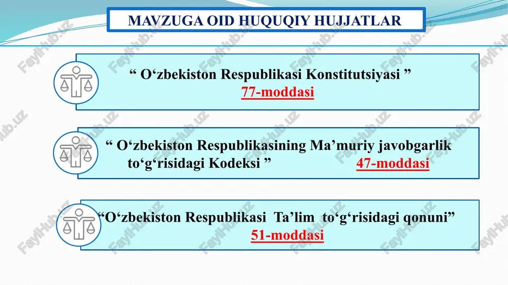 soblash miqdorining 5 (besh) baravaridan 10 (o‘n ) baravarigacha miqdorda jarima. ijtimoiy xizmat xodimlari politsiyadan ularni maktabga kuzatib borishlarini talab qilishi. 4. bazaviy hisoblash miqdorining 10 (o‘n) baravaridan 15 (o‘n besh) baravarigacha miqdorda jarima. ota-onalik huquqidan mahrum qilish (qisman yoki to‘liq). 5. bazaviy hisoblash miqdorining 15 (o‘n besh) baravaridan 25 ( yigirma besh) baravarigacha miqdorda jarima. 14 yoshdan 18 yoshgacha bo‘lgan bolalarga nisbatan ham dars qoldirganliklari uchun qamoq tarzidagi jazo chorasi qo‘llanilishi mumkin. x u l o s a ko‘p dars qoldiradigan o‘quvchi va ota –onalar bilan so‘rovnomalar o‘tkazish. telegram ilovasi yoki google forma asosida anonim so‘rovnomalar o‘tkazish yo‘li bilan dars qoldirish sabablari aniqlanadi. oila, mahalla va maktab o‘rtasida hamkorlikni oshirish maqsadida turli kechalar, tadbirlar tashkillashtirish. sinflar kesimida “kitobxon onalar” ko‘rik tanlovi, “farzandimga eng zo‘r sovg‘a –bu kitob” nomli tadbirlarini tashkillashtiraman. o‘quvchilarni maktabga qiziqtirish maqsadida turli ko‘rik tanlovlar, to‘garak mashg‘ulotlarini, sinflar kesimida “ochiq osmon ostida” nomli olimpiadalarni tashkillashtirish. maktab o’quvchilari …