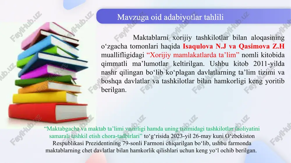 zlari turli loyihalar bilan tashabbus qilib chiqishadi. maktablar tomonidan bildirilgan tashabbuslar yo‘nalishiga qarab xorijiy tashkilotlarga taklif sifatida kiritiladi. maktab direktori, chet tili o‘qituvchilari va iqtidorli o‘quvchilardan iborat delegatsiya jamoalarini tuzib shu bo‘yicha maktablar o‘rtasida seminar treninglar olib borish. chora-tadbir t/r muammo amalga oshirish mexanizmi mas’ullar muddati natija 1. xorijiy tashkilotlar bilan hamkorlik qilish bo‘yicha maktab direktorlarining bilim va tajribaga ega emasligi a) xorijiy tashkilotlar bilan hamkorlikni yo‘lga qo‘ygan maktablarni izlab topish va amaliy yordam olish. maktab direktori o‘quv yili davomida maktabning xorijiy tashkilotlar bilan hamkorlik ishlari samaradorligi oshadi b) maktab direktorlari malakasini oshirish kurslarida xorijiy tashkilotlar bilan hamkorlik qilish ko‘nikmalarini shakllantirish. hududiy malaka oshirish markazlari o‘quv yili davomida 2. maktablarda xorijiy tashkilotlar bilan hamkorlik qilish yuzasidan rejalarning yo‘qligi mmtbning namunaviy rejasi va ko‘rsatmasi asosida maktablar o‘zining chora tadbirlarini ishlab chiqishi kerak maktab direktori o‘quv yili davomida xorijiy tashkilotlar bilan hamkorlik qilish yuzasidan aniq va tizimli ishlar yo‘lga qo‘yiladi 3. xorijiy …