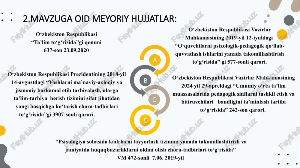 ixologlari tasdiqlangan dastur asosida yuqori sinflarda maxsus dars soatlarini olib boradi. maktablar 3 darajaga bo‘linadi. 1) 1-5 sinflar boshlang‘ich maktab. 2) 6-8 sinf o‘rta maktab. 3) 9-12 sinf yuqori sinflar maktabi. har bir maktablar alohida joylarda joylashgan. 5.muammo yuzasidan xorijiy tajribalarni o‘rganilganligi: yaponiya maktablarida o‘quv yili aprel oyidan boshlanadi va mart oyida tugaydi. o‘quv yili 3 chorakdan iborat. o‘quvchilar maktabda alohida poyafzallar kiyishadi. musiqa va jismoniy tarbiya fanlari asosiy fanlar qatoriga kiritilgan. maktabda ishchi yoki xizmatchi mavjud emas, o‘quvchilar o‘zlari sinf xonalarini tozalaydilar. 6.qiyosiy tahlil etilganligi: amaldagi holat ( o‘zbekistonda) 1- psixologlarga oddiy qaraladi. 2-800-1600 nafar o‘quvchiga 2 nafar psixolog biriktirilgan. 3- psixologlar xonalari tashkil etilgan. 4-45 daqiqalik darsda faol ishtirok etishi belgilangan. 5-psixalogiya darslari o‘tilishi belgilanmagan. amaldagi holat (xorijda) 1-yevropada psixologlar inson ruhiyatining shifokori deyiladi. ularning mavqei shifokor darajasiga ko‘tarilgan. 2-aqshda 250-300 nafar o‘quvchiga bitta psixolog biriktirilgan. 3-chexiya maktablarida psixolog xizmati viloyat markazi shaklida tashkil etilgan. 4-chexiyada boshlang‘ich sinf …