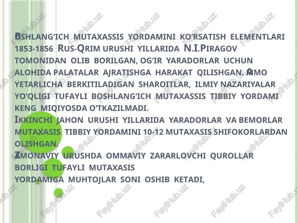r, radiatsion va kimyoviy ifloslanish va zaharlangan o‘choqlarda zararlangan aholiga shoshilinch malakali va mutaxassis tibbiy yordami ko‘rsatish uchun mo‘ljallangan. vazifasi: 1. ikkinchi bosqichdagi davolash muassasalari tarkibida hudud ichida tibbiy saralash o‘tkazish, hamda zararlangan va bemorlarga to‘liq hajmda malakali va mutaxassis tibbiy yordamini ko‘rsatish. 2. fojea tumanida faoliyat ko‘rsatayotgan tibbiyot tuzilmalariga tashkiliy maslahat va ilmiy yordam ko‘rsatish. 3. fojea tumanida bo‘lgan muassasa va xizmatlar orasida o‘zaro hamkorlikni ta‘minlash. brigada tarkibida : brigada rahbari, uni o‘zi travmatolog, jarrox yoki anesteziolog – reanimatolog, 3ta jarrox, 2ta travmatolog, 6ta anesteziolog, bulardan bittasi bolalar anesteziologi, neyrojarrox epidemiolog, tibbiy sud ekspert. jami 15 shifokor. shoshilinch tibbiy yordam brigada vazifasi. favqulodda vaziyatda: - brigadani o‘z vaqtida yig‘ish va favqulodda vaziyat tumaniga yuborish; - fojea o‘chog‘ida (o‘choq chegarasida, zararlanganlarni yig‘ish joyida) birinchi shifokor yordamini tashkil etish va ko‘rsatish, shok profilaktikasi va unga qarshi kurash, kechiktirib bo‘lmaydigan holatda (qon ketishi, asfiksiya, yurak faoliyatining pasayishi, hushdan ketish, nafas olish buzilishi …