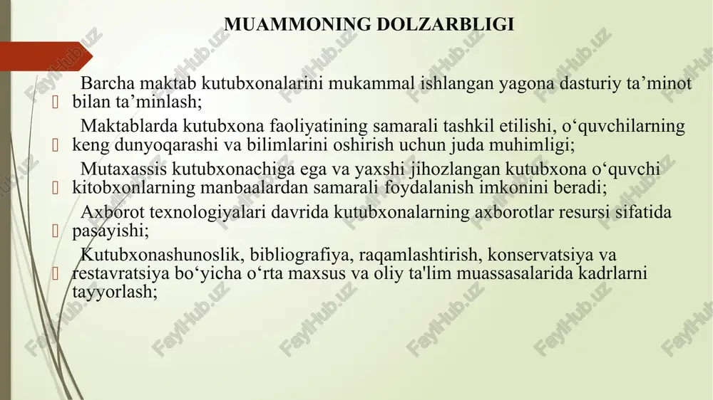 anishlarida navbatda turib qolih holatlari kuzatilmoqda. - bundan tashqari o‘zim faoliyat yurtayotgan jizzax viloyati sharof rashidov tumanidagi maktab kutubxonalari bilan qiziqdim. tumanda 58 ta umumta’lim maktablari mavjud bo‘lib, ushbu maktab kutubxonalarida 86 nafar xodim faoliyat yurimoqda. shulardan: - oliy ma’lumotli mutaxassis kutubxonachi - 1 nafar - oliy ma’lumotli nomutaxassis kutubxonachi - 29 nafar - o‘rta maxsus mutaxassis kutubxonachi - 31 nafar - o‘rta maxsus nomutaxassis kutubxonachi -25 nafar ni tashkil etadi. vazifa maktab kutubxonalari uchun mutaxassislar tayyorlash, ularni malakasini oshirish, qayta tayyorlash va ish faoliyatini rag‘batlantirish -milliy va xorij adabiyotlarni kutubxona va axborot muassasalarning axborot resurs bazalariga kiritish va ularda foydalanishni ta'minlash. maktab kutubxonasini barcha uchun qulay joyga joylashtirish maktab joylashgan hududdagi uyushmagan yoshlarni kutubxonaga jalb qilish ishlayotgan va yaratilayotgan elektron kataloglarni barcha maktablarga tadbiq etish alisher navoiy nomidagi respublika kutubxonasi bilan hamkorlikni yo‘lga qo‘yish muammo yuzasidan xorij tajribalarning o‘rganilganligi finlandiya finlyandiyadagi maktab kutubxonalari o‘quvchilarga keng ko‘lamli resurslardan foydalanish va …