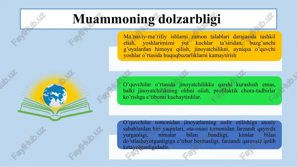 , sport musobaqalari va jinoyatchilik va huquqbuzarliklarning oldini olish bo’yicha huquqshunoslik tanlovi ko’p marotaba ijobiy natijalarga olib kelgan. germaniyada voyaga yetmaganlar jinoyatchiligining xususiyatlari va uning oldini olishda ularni ijtimoiy himoyalashga alohida e’tibor qaratilgan, buni “bolalar va yoshlarga yordam to’g’risida”gi qonunning asosiy maqsadi “bolaga quduqqa tushib ketishidan avval yordam ber!” shiori ekanligidan ham anglash qiyin emas. qiyosiy tahlil etilganligi t/r amaldagi holat (o’zbekistonda) amaldagi holat (xorijda) taklif 1 hozirgi vaqtda ko’proq bolalar kompyuterlarga, zamonaviy bolalar uchun juda ko’p vaqt talab qiladigan turli xil tarmoq o’yinlariga qiziqishlar yuqoriligi germaniyada tatbiq etilgan muhim loyihalardan biri «sompetent for democracy – networks against right-wing extremism» dasturi bo’lib, uning asosiy vazifasi bolalarda ekstremal (muammoli) vaziyatlardan chiqish va ularga qarshi kurashish ko’nikmalarini shakllantirish, kengaytirishga qaratilgan professional maslahatlar berib borish hisoblanadi. u yoki bu ijtimoiy tarmoqdan foydalanish madaniyatini shakllantirish, voyaga yetmagan shaxs muloqot qilishi va ular bilan ma’lum bilim, ko’nikma va tajriba almashishlari uchun ota onalar va jamoatchilik …