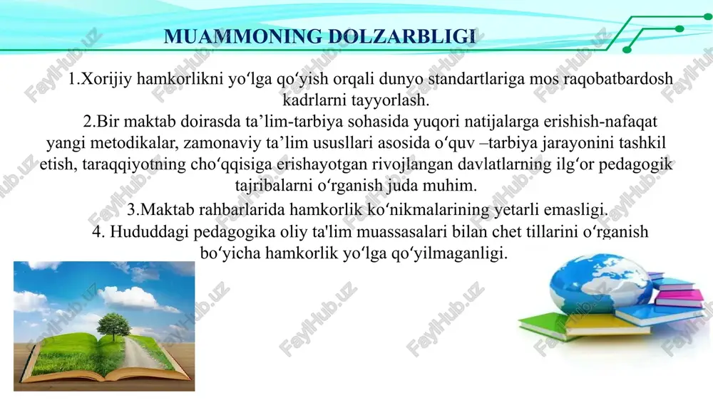 tsiyalar va yangiliklar bilan ta'minlashda katta rol o‘ynaydi. singapur xorijiy tashkilotlar bilan hamkorlikda innovatsiyalar va yangiliklarga e'tibor beradi. bu davlat ilmiy tadqiqotlar va texnologiyalarni o‘rganish, oʻquvchilarga yangi bilim va tajribalarni taqdim etishda xorijiy tashkilotlar bilan birgalikda ishlaydi. o‘zbekiston ta'lim tizimi turli tillarni o‘rganish va madaniyat almashishda xorijiy tashkilotlar bilan hamkorlikni qo‘llaydi. xorijiy tashkilotlar oʻquv dasturlarini taqdim etish, tadbirlarga qatnashish yoki o‘quvchilarni xalqaro tanishuv va madaniyat almashish programlariga jalb qilish orqali bu maqsadga erishadi. xorijiy tashkilotlar bilan hamkorlik orqali ilmiy tadqiqotlar almashishda va bilim rivojlanishida muhim rol o‘ynaydi finlandiya xorijiy tashkilotlar bilan hamkorlik sohasidagi tajribalari dunyoda keng tanilgan va muvaffaqiyatli hisoblanadi. quyidagi jarayonlar finlandiya ta'lim tizimining xorijiy tashkilotlar bilan hamkorlikda samarali rivojlanishini taʼminlashda muhim o‘rin egallaydi. finlandiya taʼlim tizimi dunyo miqyosida yuqori sifat va natijalarga erishgan. xorijiy tashkilotlar bilan hamkorlik, finlandiya ta'lim tizimini rivojlantirish, innovatsiyalar va yangiliklar bilan ta'minlashda muhim rol o‘ynaydi 2023-yildan boshlab finlandiyaning umumta’lim maktablari bilan hamkorlik yo‘lga qo‘yildi …