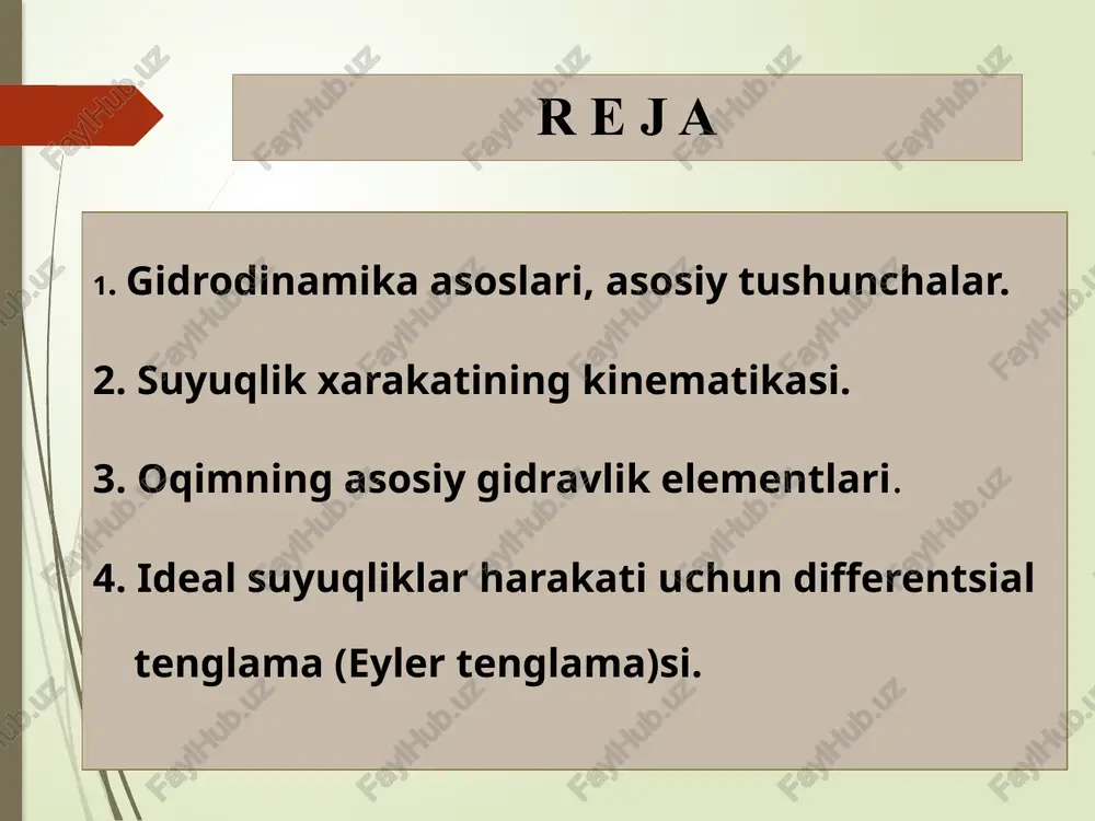 llangan perimeter χ gidravlik radius ṟ = ω/χ o’rtacha tezlik υ oqimning asosiy gidravlik elementlari suyuqlik oqimini tekshirishda oqish qonunlarini matematik ifodalash ushun uni gidravlik va geometrik nuqtai nazardan xarakterlovchi; harakat kesimi suyuqlik sarfi; o`rtasha tezlik; ho`llangan perimetr gidravlik radius suyuqlik sarfi va o`rtasha tezlik vaqt birligida oqimning berilgan harakat kesimi orqali oqib o`tayotgan suyuqlik miqdori suyuqlik sarfi deb ataladi. sarf q harfi bilan belgilanadi va l/s, m3/s, sm3/s larda o`lshanadi. suyuqlik zarrashalarining hammasi bir xil tezlik bilan harakatlanganda bo`ladigan sarf, haqiqiy harakat vaqtidagi sarfga teng bo`ladigan tezlik o`rtasha tezlik deb ataladi. o’qimning harakat kesimi oqimning umumiy oqim yo`nalishiga normal bo`lgan ko`ndalang kesimi harakat kesimi deb ataladi. to`g`ri to`rtburshak novlar ushun: trapesiya shaklli novlar ushun ushburshak novlar ushun silindrik trubalar ushun: a)suyuqlik to`lib oqqanda b)suyuqlik to`lmay oqqanda ho`llangan perimetr oqma ko`ndalang kesimini (erkin sirtni hisobga olmaganda) uni shegara­lov­shi devorlar bilan tutashtiruvshi shiziq perimetri ho`llangan perimetr deb ataladi. to`g`ri to`rtburshak novlar …