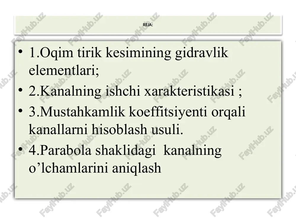 rafigini chiqarish uchun hisoblash jadvali h,(m) , (m2) , (m) r,(m) s,(m0,5/s) q,(m3/c) h, m v, m/s m2 h/ρ p m r, m q, m3/s 1,25 12,04 10,03 0,086 0,85 12,33 0,814 0,872 5,76 parabola shaklidagi kanalning ish xarakteristikasi grafigini chiqarish uchun hisoblash jadvali nazorat savollari: 1.oqimning tirik kesimi deb qanday kesimga aytiladi?; 2.kanalning namlangan (ho’llangan) perimetri - nima?; 3.gidravlik radius qanday kattalik?; 4.suv safi deb nimaga aytiladi?; 5. suv safi uchun shezi formulasini ko’rinishi qanday . 6.mustaxkamlik koeffitsiyenti deb nimaga aytiladi?; 7.sathdan olingan kanal kengligi qanday belgilanadi?; 8.kanal tubidan olingan kenglik qanday belgilanadi?; 9.kanal qiyalik koeffitsiyenti deb nimaga aytiladi?; 10.ishchi xarakteristika deb qanday grafikka aytiladi?. image1.jpeg image2.png image3.png image4.png image5.png image6.png image7.png image8.png image9.png image10.png image90.png image11.png image110.png image12.wmf image13.wmf image14.wmf image15.wmf image16.wmf oleobject5.bin oleobject1.bin oleobject2.bin oleobject3.bin oleobject4.bin image17.png image18.wmf image19.wmf image20.wmf image21.wmf oleobject6.bin oleobject7.bin oleobject8.bin oleobject9.bin image22.png w c 1 h 2 h 3 h w , c …