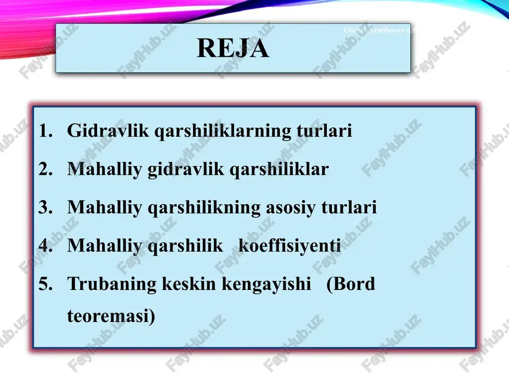 konussimon torayish va kengaishdagi yo’qolgan dam (napor) hamda qarshilik koeffitsientini hisoblash formulasi konussimon torayish (konfuzor) konussimon kengaish (diffuzor) 7,5 10 15 20 30 0.14 0.16 0.27 0.43 0.81 burchak 10 20 30 40 0.04 0.05 0.07 0.08 0.07 0.09 0.12 0.14 0.08 0.1 0.14 0.17 quvurda o’rnatilgan kran va zadvijkadagi mahalliy qarshilik koeffitsienti krandagi qarshilik koeffitsienti zadvijkadagi qarshilik koeffitsienti - krandagi qarshilik koeffitsienti kranning o’chilish burchagiga bo’g’liq - zadvijkadagi qarshilik koeffitsienti zadvijkaning o’chilish darajasiga bo’g’liq nazorat savollari nazorat savollari nazorat savollari gidravlik qarshilik va ulardagi gidravlik yoqotishlarga tushuntirish bering. mahalliy qarshilik va ulardagi gidravlik yoqotishlarga tushuntirish bering. reynolds sonining katta qiymatlari uchun mahalliy qarshilik koeffisiyentlari qanday. diffuzorlar va ulardagi gidravlik yoqotishlarga tushuntirish bering.. trubalarning torayishi va ulardagi gidravlik yoqotishlarga tushuntirish bering. quvurlarning kengayishi va ulardagi gidravlik yoqotishlarga tushuntirish bering. tirsaklar va ulardagi gidravlik yoqotishlarga tushuntirish bering.. e’tiboringiz uchun raxmat ma’ruzachi: katta o’qituvchi d.a.saidxodjayeva. tel: +99890-525-33-20 image2.png image3.png image4.wmf image5.wmf image6.wmf …