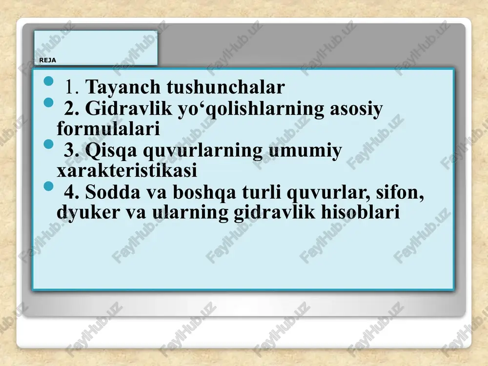 anadi: 24 uzunlik bo‘yicha yo‘qolish darsi – veysbax formulasi orqali aniqlanadi: -oqim tartibi va quvur materialiga bog‘liq ishqalanish qoeffitsienti ; ; butun tizim bo‘yicha qarshilik qoeffitsienlar yig‘indisi: - quvur uzunligi bo‘yicha qarshilik koeffitsienti. - mahalliy qarshilik koeffitsientlari 4. aniqlangan kattaliklarni asosiy sarf topish formulaga qo‘yib: unda dyuker diametriga bog‘liq bo‘lmagan parametrlarni tenglamaning bir tomoniga, bog‘liq bo‘lgan parametrlarni esa tenglamaning ikkinchi tomoniga yig‘ib, quydagi funktsiyani keltiramiz : dyuker diametriga bog‘liq bo‘lmagan parametrlarni tenglamaning bir tomoniga, bog‘liq bo‘lgan parametrlarni esa tenglamaning ikkinchi tomoniga yig‘ib, quydagi funktsiyani keltiramiz : ushbu formuladan hisoblar jadval usulida olib boriladi: d1 d2 d3 5 jadvalning natijasi bo‘yicha grafigi quriladi: grafikdan quydagiga xos quvur diametri aniqlanadi sifonning hisobi berilgan: q =0,07 m3/s –sifon orqali o‘tayotgan suv sarfi ; z =0,3 m - a va v rezervuarlar suv sathining farqi; h –a rezervuar suv sathi ustidan sifon quvur o‘qining ko‘tarilish balandligi ; l =100 m –sifon quvurining uzunligi; - …