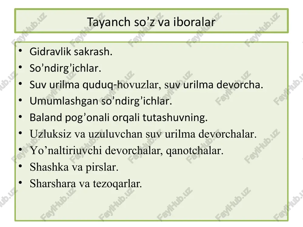 kuzatildi. gidravlik saqrash o’zan tubiga yaqin hosil bo’lgani aniq. xar-hil suv sarflarida oqim harakati yo’nalishini o’zgarish sxemasi suv sarfi, darbozalarning ochilish darajasini oshirganda silliq suv tutashuvi amalga oshirilib asosiy oqim ikki qirgok yonida harakatlandi. makaziy darvozalar orqali tutashuvda suyuqlik oqimi rejali yo’nalishini o’zgartirib turdi. konstruqtsiya turiga bog’liq- suyuqlik oqimi inshoot quyi qismi o’zan bo’ylab tekis yoyilib gidravlik sakrash o’zan tubiga yakin hosil bo’lar ekan, so’ngra -uchinchi va beshinchi oraliklardan oqqan oqimlar qo’shilib risbermagacha bir butun oqimday o’z harakatini davom etib, gidravlik sakrash yuzaki ko’rinishda hosil bo’lishini ta’minlash mumkin ekan. har-xil konstruktsiyalarni qo’llashda oqim tezligini o’zgartirish grafiklari. image1.png image2.png image3.jpeg image4.jpeg image5.jpeg image6.jpeg image7.jpeg image8.jpeg image9.jpeg image10.jpeg image11.jpeg image12.jpeg image13.jpeg image14.png image15.wmf image16.wmf oleobject1.bin oleobject2.bin image17.wmf image18.wmf image19.wmf image20.wmf oleobject3.bin oleobject4.bin oleobject5.bin oleobject6.bin image21.png image22.png image23.png image24.png image25.png image26.png image27.png image28.png image29.png image30.png image31.png image32.png image33.png image34.png image35.png image36.png image37.png image38.png image39.png image40.png image41.png image42.png image43.jpeg h ¢ h ¢ ¢ …