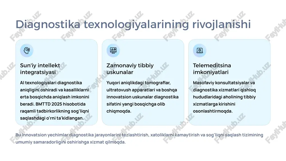 tartibga soluvchi qonunchilikni takomillashtirish, innovatsiyalarni rag'batlantirish va sifat standartlarini joriy etish. bu strategik yo'nalishlar mintaqaviy diagnostika tizimini mustahkamlash va barcha fuqarolar uchun sifatli tibbiy xizmatlar mavjudligini ta'minlashga qaratilgan. diagnostika sohasida xalqaro hamkorlik va tajriba almashinuvi xalqaro tashkilotlar bilan hamkorlik bmt taraqqiyot dasturi texnik yordam va ekspert maslahatlarini taqdim etmoqda jahon sog'liqni saqlash tashkiloti bilan standartlar va yo'riqnomalar bo'yicha hamkorlik xalqaro moliyaviy institutlar tomonidan diagnostika infratuzilmasini rivojlantirish loyihalarini qo'llab-quvvatlash mintaqaviy hamkorlik markaziy osiyo davlatlari, jumladan qozog'iston, qirg'iziston va tojikiston bilan sog'liqni saqlash sohasida tajriba almashish. qozog'istonning telemeditsina tajribasi diagnostika kadrlarini tayyorlashda hamkorlik mintaqaviy diagnostika markazlarini tashkil etish bo'yicha loyihalar texnologiya transferi va eng yaxshi amaliyotlarni joriy etish xalqaro hamkorlik – rivojlanish kaliti mintaqaviy diagnostika bo'yicha xalqaro konferensiyalar, seminarlar va hamkorlik dasturlari orqali eng ilg'or tajribalarni o'rganish va milliy tizimga moslashtirib joriy etish. diagnostika va telemeditsina: yangi imkoniyatlar internet tarmoqlarining kengayishi hududlarda internetga kirish imkoniyatlarining yaxshilanishi telemeditsina xizmatlarini kengaytirishga asos yaratmoqda. raqamli …
