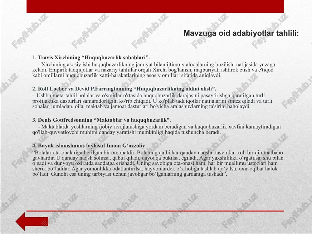 'z jamiyatlarining faol a'zolari bo'lish imkoniyatini berishga qaratilgan. kanadaning tiklovchi adolat amaliyotlari: kanadada maktablar va jamoalarda tiklovchi adolat amaliyotini joriy etadi. qayta tiklovchi adolat dialog va yarashuv yo'li bilan zararni bartaraf etish, javobgarlikni rag'batlantirish va davolanishga yordam berishga urg'u beradi. kanada maktablari mojarolar va intizomiy muammolarni hamkorlikda hal qilish, takroriy jinoyatchilikni kamaytirish va o'quvchilar o'rtasida ijobiy xatti-harakatlarga olib keladi. qiyosiy tahlil t/r amaldagi holat (o'zbekistonda) amaldagi holat (aqshda) taklif 1. o'quvchilar tomonidan jinoyat sodir etish holatlarining aksariyati darslardan keyingi yoki kechki paytlarga to'g'ri kelayotganini va ular asosan notinch oilalar farzandlari tomonidan sodir etilayotganligini ko'rsatmoqda. asosan ota yoki onaning (ayrim holatlarda ikkilasi ham) xorijga mehnat muhojirligiga chiqib ketishi va farzandlarining nazoratsiz qolishi, oilaviy kelishmovchilik va ajralishlar, ayrim ota-onalarning ichkilikka ruju qo'yganligi tufayli farzandlar tarbiyasiga e'tiborsizlik, maktab o'quvchilarining ayrim katta yoshdagi huquqbuzarlar ta'siri doirasiga tushib qolishi, profilaktik nazoratga olingan o'quvchilar bilan yakka tartibda shug'ullanishda ayrim hollarda mas'ullarning to'liq shug'ullanmasligi kabi omillar sabab …