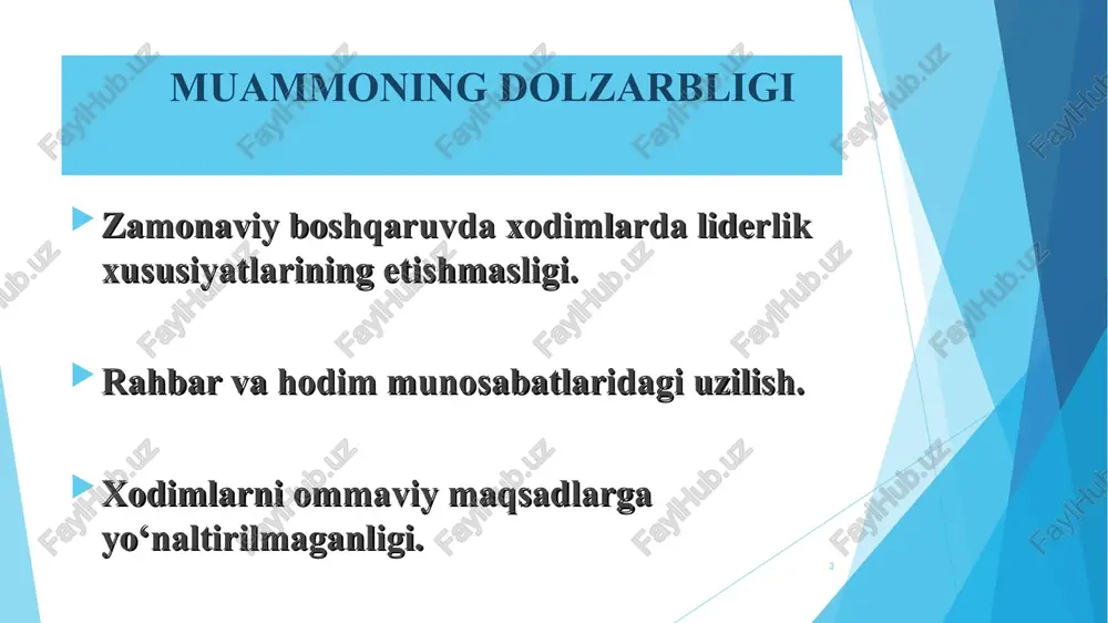 ilyatiga ega o‘qituvchi va xodimlarni rahbarlik lavozimiga tayinlash metodikasini joriy etish lider xodimlarning boshqaruv qobilyatlaridan unumli foydalanish maqsadida, mualliflik qilgan loyihalari yuzasidan seminarlar tashkil etish chora-tadbir namunasi * t/r muammo muammoning yechimini amalga oshirish mexanizmi mas’ullar muddati natija 2 zamonaviy boshqaruvda xodimlarning liderlik xususiyatlarini yetishmasligi . zamonaviy boshqaruvda xodimlarning liderlik xususiyatlarini rivojlantirish uchun alohida strategiya ishlab chiqish maktab rahbariyati avgust oyida jamoada sog‘lom muhit shakllanadi ta’lim sifati ortadi. 3 xodimlarni ommaviy munosabatlarga yo‘naltirilmaganligi xodimlar tomonidan maktabni rivojlantirish va ta`lim sifatini oshirishga xizmat qiluvchi loyihalar ishlab chiqish. maktab xodimlari har chorakda maktab va jamoa a’zolari rivojlanishi, o‘sishi uchun qo‘llab –quvvatlovchi va rag‘batlantiruvchi sog‘lom muhit yaratiladi. 4 yosh kadrlardagi zamonaviy uslub hamda tajribali kadrlardagi tajribalarni mujassamlashtirish. yosh kadrlarni “ustoz shogird” yo‘nalishi asosida tajribali kadrlarga biriktirish. maktab rahbariyati va psixolog doimiy maktabdada zamonaviy hamda chuqur bilimga asoslangan tizim shakllanadi * e’tiboringiz uchun tashakkur!