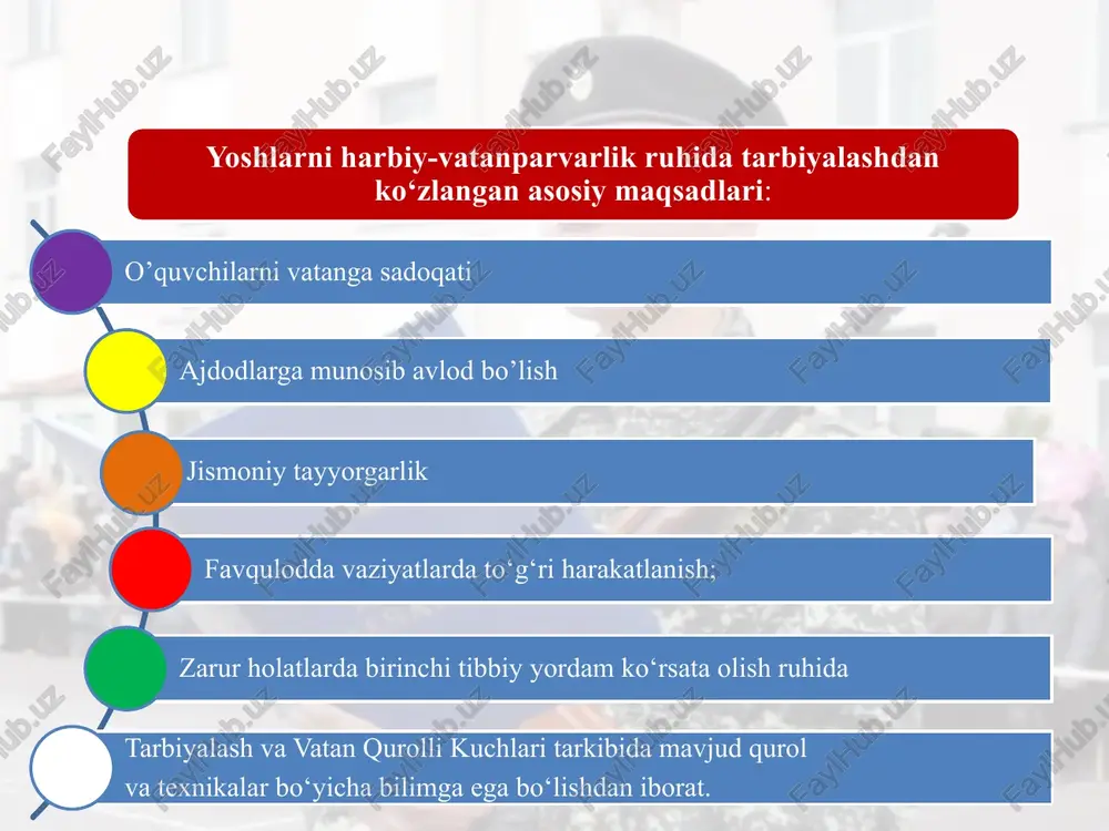 ng uyimiz!" bolalarda mehr va hurmatni singdirishga qaratilgan o'z ona yurtlari, o'quvchilarni qahramonlik tarixini o'rganish bilan tanishtirish vatan, o‘lkashunoslik, qidiruv va tadqiqot faoliyati, milliy an'analarni, madaniyatni o'rganish va targ'ib qilish. maktab rejasiga bugungi kunda o’quvchilarni dronlar bilan ishlash ko’nikmasini shaklantirish germaniya mudofaa vazirligida jamoatchilik bilan aloqalar xizmatining bir qismi sifatida janubiy ofitserlar (nemis) rus. (yoshlar ofitserlari) maktab va oliy o‘quv yurtlariga tashrif buyurib, maktab o‘quvchilari va talabalariga germaniyaning tashqi va mudofaa siyosati asoslarini hamda xalqaro vaziyatni tushuntirib berishadi. shuningdek, ular harbiy qismlarda maktab o‘quvchilarini harbiy xizmat, askarlar, jihozlar bilan tanishtiradigan “ochiq eshiklar kuni”ni tashkil etadi, askarlar va maktab o‘quvchilari o‘rtasida seminar-uchrashuvlar o‘tkazadi, ularda turli ijtimoiy, shu jumladan vatanparvarlik masalalari muhokama qilinadi buyuk britaniya mudofaa vazirligi yoshlarni qurolli kuchlarga (shartnoma bo'yicha) jalb etishga qaratilgan bir qator ijtimoiy va o'quv dasturlarini amalga oshiradi. ularning asosiy elementi kadet kuchlari bo'lib, unda 2004 yil holatiga ko'ra 12 dan 22 yoshgacha bo'lgan 125 000 dan …