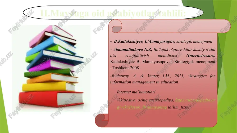 v. muommo yuzasidan xorijiy tajribalarni o'rganilganligi: portugaliyada - pedagog xodimlarni kasbiy rivojlantirish strategiyasini ishlab chiqishda ta’lim muassasalarning taklif fikrlari inobatga olinadi. - o'qituvchilar professional malaka talab qiladi. bu oliy ta'lim muassasalari va universitetlarda o'qituvchilarning ta'lim profillariga muvofiq tuzilgan boshlang'ich o'qituvchilarni tayyorlash kursida qatnashgan va o'tgandan so'ng olinadi. maktablarida o'qituvchilarning kasbiy mahoratini oshirish tizimi keng qamrovli va yaxshi yo'lga qo'yilgan. - turli tashabbuslar, seminarlar va mentorlik dasturlari orqali -o'qituvchilari kasbiy o'sishida qo'llab-quvvatlanadi. -tajribali o'qituvchilar yangi o'qituvchilarga yo'l-yo'riq va yordam ko'rsatadigan murabbiylik dasturlarini o'z ichiga oladi. -bundan tashqari, o'qituvchilar o'z malakalarini oshirish uchun hamkorlikdagi o'quv jamoalari va tadqiqotga asoslangan loyihalarda ishtirok etishlari uchun imkoniyatlar mavjud. finlandiyada v.muommo yuzasidan xorijiy tajribalarni o'rganilganligi: vi. qiyosiy tahlil: amaldagi holat o 'zbekistonda xorijda pedagog xodimlarni kasbiy rivojlantirish strategiyasini ishlab chiqishda huquqiy erkinlikning yo'qligi portugaliyada pedagog xodimlarni kasbiy rivojlantirish strategiyasini ishlab chiqishda ta’lim muassasalarining takliflari e’tiborga olingan holda strategiya ishlab chiqiladi pedagog xodimlarni kasbiy rivojlantirish strategiyasini ishlab …