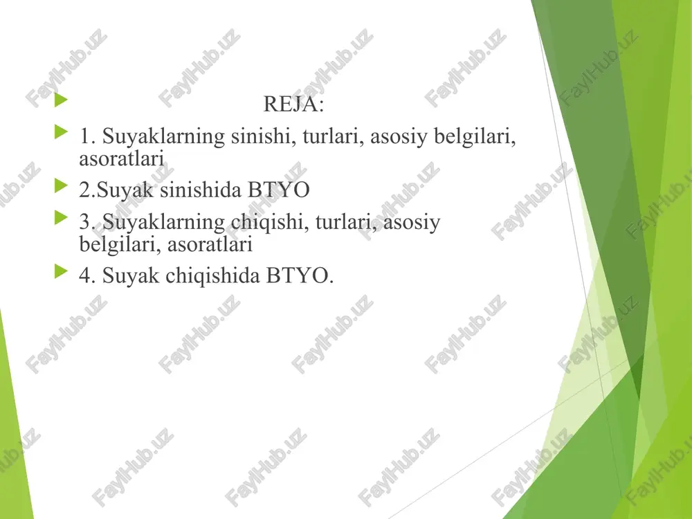 rda utkaziladi. bunda gipsli bog‘lamdan foydalaniladi. gips 100-1300 s issiqlikda quritilgan kalsiy sulfatdir. 10-12 daqiqada qotadi, uta gigroskopik. shikastlanishning boshlang‘ich davrida langet ( gipsli bog‘lam yarim uraladi), to‘qima shishlari qaytganda sirkulyar (keng, urtacha tor xolda) gipsli bog‘lam uraladi. gipslashning asosiy qoidalari: 1. gips qo‘yishda paytda qul-oyoq xarakatsiz va qulay xolatda bulishi lozim, 2. gipslanayotgan a’zo yordamchi tomonidan faqat kaft bilan ushlanadi, 3. gipsning yaxshi qotishi va sinmasligini ta’minlash uchun extiyot choralari ko‘riladi, 4. gipsli bint o‘ralayotganda har gal oldingi o‘rashni 2/3 qismi qamrab olinadi, 5. har bir gipsli bint qavati utsidan qul bilan tekislanadi, 6. gipslangan oyoq yoki qul barmoqlarining uchlari ochiq qoldirilishi lozim, 7. gips qotgach oyoq yoki qul kutarilib quyilishi, agar og‘riq sezilsa maxsus qaychi bilan kesilib langet tarzida utsidan bog‘lanadi. suyaklarning chiqishi. suyaklarning bug‘imlardan normal xolatidan surilishi suyak chiqishi deyiladi. suyaklarning bo‘g‘im yuzasi bir-biriga jips tegmay qolsa to‘liq chiqish, bug‘im yuzasi biroz bulsada tegib tursa qisman chiqish …