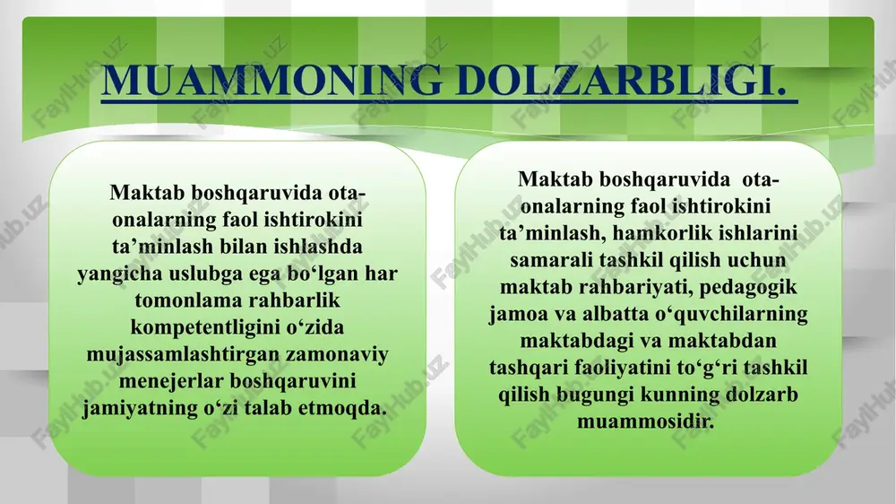 i, sport seksiyalari haqida gapiradilar. xitoyda ota-onalar farzandlarining rivojlanishini qat’iy nazorat qilishadi. koʻpincha, onasi yoki otasi bolalarning uy vazifalari diqqat bilan tekshiradi. xitoyliklar oʻquv jarayonini nazorat qilishga beparvo munosabatda bo’lolmaydi. ota-onalar bolalar uchun ma’suldir.shuning uchun ular o‘z hayotlarining barcha sohalarini qat’iy nazorat qiladi. yaponiyada huddi bizdagi kabi ota-onalar kengashlari mavjud. ozgina farqli tomoni, u yerda kengashning obroʻsi juda baland, ular maktab qabuliga ham jalb qilinadi. yaponiyada ota-onalar, o‘quvchilar ota-onalar assotsiatsiyasiga a’zo bo‘ladi. bu assotsiatsiya ota-onalar va maktablar o‘rtasidagi hamkorlikni ko‘rib chiqish va ta’minlash maqsadida ishlaydi. yaponiyada ota-onalar topgan daromadlarining ko‘p qismini bolalarini o‘qitishga sarflaydilar. t/r amaldagi holat (o‘zbekistonda) amaldagi holat (xorijiy davlatlarda) taklif 1. o‘zbekistonda oila-mahalla-maktab hamkorligi yo‘lga qo‘yilgan. xorijiy davlatlarda faqatgina oila-maktab hamkorligi mavjud, lekin g‘arb davlatlarida mahalla tushunchasi yo‘q. “bir bolaga yetti qo‘shni ota-ona” degan ibratli maqolni nazarda tutib oilaga ota-ona bilan birgalikda mahallaning ta’sirini kuchaytirishimiz kerak. 2. o‘zbekistonda mahalla tizmi mintalitetimizdan kelib chiqib to`g’ri yo‘lga qo`yilgan, “bir …
