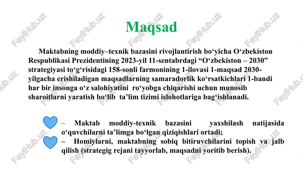 angan jihoz va jihozlar bilan ta’minlash zarur. bu sinf xonalarini ta’mirlash, smart doskalar o‘rnatish, yuqori sifatli o‘quv resurslari bilan ta’minlashni o‘z ichiga oladi. bundan tashqari, maktabning moddiy-texnik bazasini mustahkamlash o'rganish va innovatsiyalarni rag'batlantirish uchun qulay muhit yaratishni o'z ichiga oladi. bunga yaxshi jihozlangan laboratoriyalar, kutubxonalar, o’quvchilar va o’qituvchilar uchun dam olish joylari tashkil etish orqali erishish mumkin. bundan tashqari, maktab ilg'or texnologiyalar va infratuzilmaga sarmoya kiritish orqali o'zining texnik bazasini yaxshilashi mumkin. bu barcha manfaatdor tomonlar uchun ta'lim tajribasini oshirish uchun yuqori tezlikdagi internet ulanishini, raqamli o'quv platformalarini va zamonaviy kompyuter tizimlarini joriy qilishni o'z ichiga oladi. o‘zbekistonda moddiy texnik bazani yaxshilash navbatma navbat amalga oshirilmoqda amalyotga borganimizda olamazor tumanidagi 15-maktab, yangi hayot tumanidagi 329-maktablar, yakkasaroy tumani 118,91-maktablar moddiy texnik bazasi talab darajasida. amaldagi holat (o‘zbekistonda) fillandiyada ta’lim jarayonida moddiy texnik bazasi barcha sharoitlar mavjud. amaldagi holat (xorijda) rossiya davlatining maktablarida moddiy texnik bazasini yaratishda maktabda ikkita sport zali, suzish …