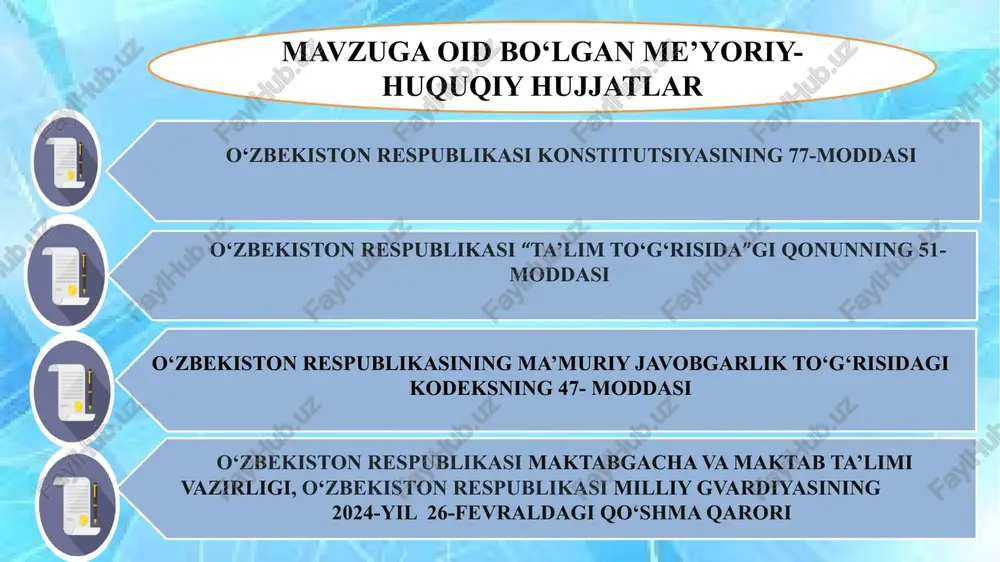 uzrli sababsiz 12 ta darsni qoldirsa, u darsdan chetlatiladi. xitoy ta’limida o‘quvchilar qat’iy kun tartibiga rioya qilishadi, ularning bo‘sh vaqtlari yo‘q. fransiya shaharlarida bola maktab darslariga kirmaydigan bo‘lsa, uning ota-onasi maktabdan ruxsat olishlari kerak. agar bola hech qanday sababsiz darslarni qoldirsa 135 evro miqdorida jarima solinadi. agar bola muntazam ravishda darslarga qatnashmasa, maktab vasiylik organiga murojaat qilish va o‘z navbatida ota-onalarni ma’muriy javobgarlikka tortish huquqiga ega. qiyosiy tahlil amaldagi holat (o‘zbekistonda) amaldagi holat (xorijda) taklif ota-onalarning va o‘qituvchilarning bolalar ta’lim- tarbiyasida boshqalarni namuna qilishi. buyuk britaniyada barcha ta’lim muassasalari quyidagi tamoyilga amal qiladi: bolaga birovning fikrini majburlamang, hatto, u to‘g‘ri bo‘lsa ham — bola o‘zi qaror qabul qilishni o‘rganishi lozim. bolada kuchli va mustaqil xarakterni tarbiyalash, uni tahlil qilish va xulosa chiqarishga o‘rgatish. 2. ta’limdan moddiy manfaatdorlikni ustun ko‘rgan ota-onalar farzandlarini maktabga yubormasdan pul topishga undaydi xitoyda ota-onalar, oilaning daromadidan qat’iy nazar, bolaga maksimal darajada sarmoya kiritishga harakat qilishadi. o‘quvchilarning …