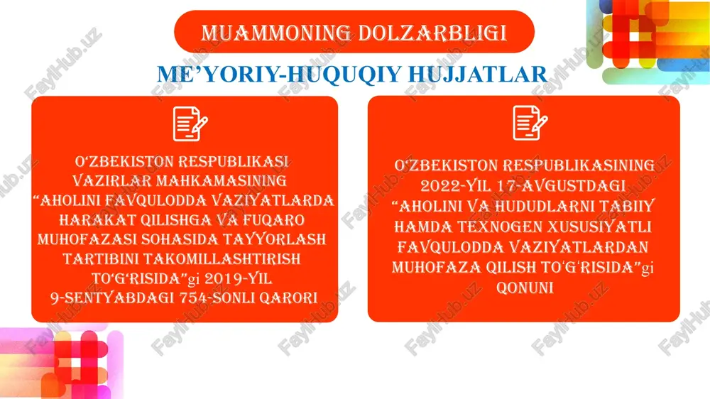 okistonda 2006 yilda boshlangan maktab xavfsizligi dasturi o‘quvchilar, ota-onalar va maktab rasmiylariga o‘z ta’lim sharoitlaridagi xavflarni baholash, favqulodda vaziyatlar va evakuatsiya rejalarini ishlab chiqish va javob berish salohiyatini oshirishda yordam beradi. 2008 yilda maktab xavfsizligi bo‘yicha xalqaro konferensiya tashkil etildi. maktab xavfsizligi bo‘yicha o‘quv qo‘llanma ishlab chiqildi. jamiyat yetakchilari va maktab xavfsizligi qo‘mitalari tabiiy ofatlar xavfini boshqarish rejalari va maktab xavfsizligi rejalarini jamiyat darajasida ishlab chiqish uchun o‘qitildi. rejalarni ishlab chiqish, o‘qituvchilar va birinchi yordam xodimlarini tayyorlash, mashg‘ulotlar o‘tkazish va maktab xavfsizligi va favqulodda vaziyatlarga javob berish to‘plamlarini tarqatish uchun maktablar va jamoalar bilan ishlagan. bir qator maktablar ham modernizatsiya qilindi. presentation template by qiyosiy tahlil t/r amaldagi holat (o‘zbekistonda) amaldagi holat (xorijda) taklif 1 har yili belgilangan oyda “fuqaro muhofazasi” oyligi oʻtkazilib, oʻquvchilarga favqulodda vaziyatlar kelib chiqqan holda harakatlanish yoʻllari oʻrgatiladi. hindiston bolalarga tabiiy ofatlar bilan kurashish usullarini oʻrgatish , tabiiy ofatlar xavfini kamaytirishni maktab oʻquv dasturiga kiritish, shuningdek, …