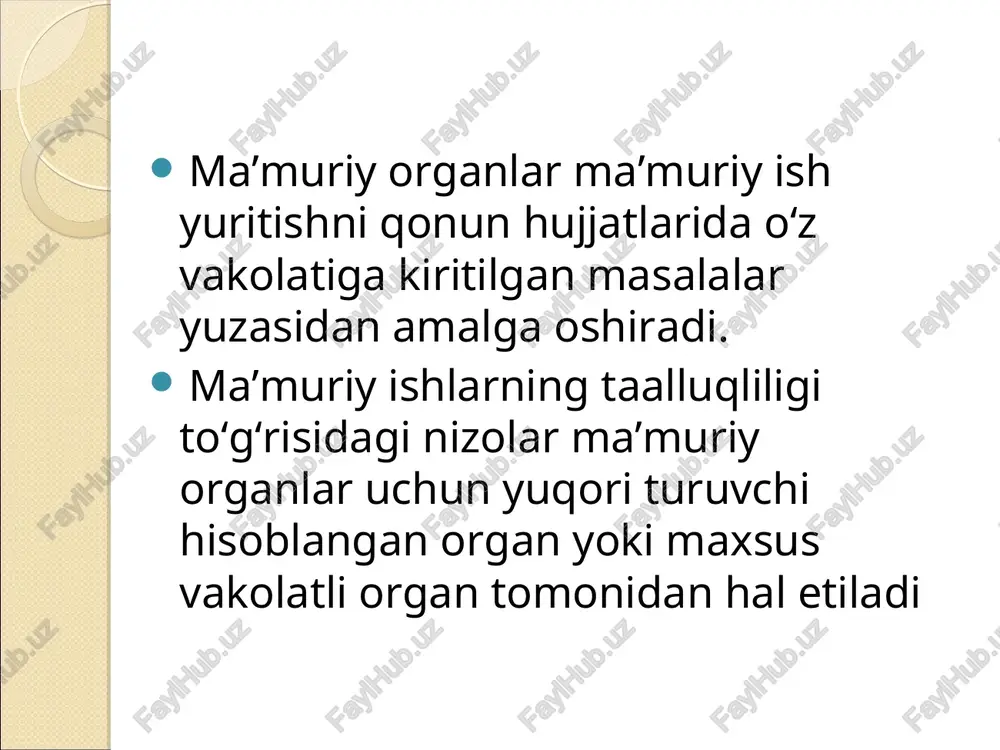 yatlarini hisobga oluvchi ma’muriy reglamentlar o‘zbekiston respublikasi vazirlar mahkamasi tomonidan tasdiqlanadi ma’muriy hujjatning ijrosini ta’minlaydigan organ agar qonun hujjatlarida boshqacha qoida nazarda tutilmagan bo‘lsa, ma’muriy hujjatni qabul qilgan ma’muriy organ uning ijrosini ta’minlaydi . ma’muriy hujjatni ixtiyoriy ijro etish muddati ma’muriy organ tomonidan ma’muriy hujjatni ixtiyoriy ijro etish uchun belgilangan muddat, agar qonun hujjatlarida boshqacha qoida nazarda tutilmagan bo‘lsa, adresat qabul qilingan ma’muriy hujjat to‘g‘risida tegishli tarzda xabardor qilingan kundan e’tiboran besh kalendar kundan kam bo‘lmasligi kerak. quyidagilar ma'muriy ishni ko'rib chiqishni keyinga qoldirish asoslari hisoblanadiyuzasidan savollar tegishli tarzda xabardor qilinganligi to'g'risida ma'lumotlar mavjud bo'lmagan manfaatdor shaxslardan birining majlisga kelmaganligi; ma'muriy organning ma'muriy ishni ko'rib chiqishga vakolatli bo'lgan mansabdor shaxsini rad qilish haqidagi arizaning qanoatlantirilganligi yoki uning yo'qligi; e'tiboringiz uchun rahmat!