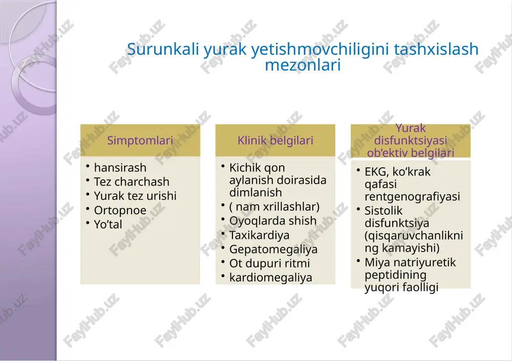 g pasayib borishi va kompensator mexanizm kuchlari nomutanosiblik yuzaga kelishi kompensator mexanizmlarning nojo’ya samaralarining yuzaga kelishi 6. tasnifi. yuye etiologiyasi, klinik kechishi va rivojlanishiga qarab farqlanadi. etiologiyasi bo’yicha: (1) kichik va katta qon aylanish doirasida qon bosimining ko’tarilishi: mitral stenoz, aorta stenozi, uch tabaqali qopqoq yetishmovchiligi; (2) yurak bo’lmachalari va qorinchalarida qon hajmining ortishi – yurak nuqsonlarida: mitral qopqoq va yarim oysimon qopqoq yetishmovchiligi; (3) miokardning birlamchi zararlanishi: miokarditlar, kardiomiopatiyalar. (b) klinik kechishi bo’yicha: (1) o’tkir yurak yetishmovchiligi; (2) surunkali yurak yetishmovchiligi va ular ôz navbatida quyidagilar bilan kechadi: ●chap qorincha yetishmovchiligi; ●o’ng qorincha yetishmovchiligi; ● total yetishmovchilik. surunkali yurak yetishmovchiligi (vasilenko-strajesko tasnifi) 🔶️i- bosqich: subyektiv yengil belgilar (hansirash, taxikardiya, charchash) jismoniy zo'riqishdan keyin kuzatiladi , tinch holatda bo'lmaydi 🔷️ii- bosqich a : subyektiv o'rta belgilar ( sianoz, shishlar, gepatomegaliya) tinch holatda ham kuzatiladi 🔷️ii- bosqich b: subyektiv chuqur belgilar ( yurak astma xuruji, assit, turg'un shishlar,gepatomegaliya) tinch holatda ham …