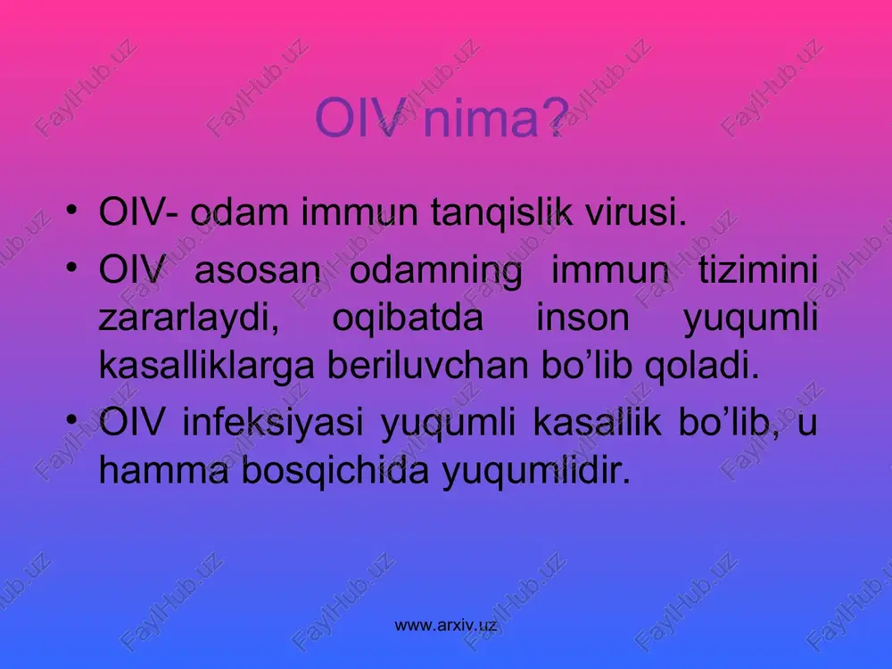 enteral, ya’ni sun’iy yo’l, teri va shilliq qavat butunligining buzilishi bilan kechadigan muolajalarda nosteril tibbiy asboblardan foydalanganda, ayniqsa umumiy igna, shprits bilan giyohvand moddalarni qon tomiriga yuborganda, soqol olish uskunalari va tish yuvish vositalari umumiy ishlatilganda, teriga rasm solganda (tatuaj), tekshirilmagan qon va qon mahsulotlari quyilganda, a’zo va to’qimalar ko’chirib o’tkazilganda. www.arxiv.uz www.arxiv.uz uchinchisi esa vertikal, tabiiy yo’l, ya’ni oivni yuqtirib olgan homilador ayoldan homilaga yoki chaqaloqqa yuqishi (oiv bolaga ona qornidaligida, tug’ish jarayonida va tug’ilgandan so’ng ona suti orqali yuqishi mumkin). virus bilan ko’proq kasallangan xavfli (ya’ni kasallikka moyil) guruhlar vakillari, bular-giyohvandlar, tartibsiz jinsiy hayot kechiruvchilar, fohishalar, mehnat migrantlari, bir so’z bilan aytganda, sog’lom turmush tarzidan yiroq bo’lgan shaxslar. www.arxiv.uz www.arxiv.uz quyidagi hollarda oiv infeksiyasi yuqmaydi: yo’tal yoki aksa urganda; qo’l berib salomlashish, quchoqlashish yoki o’pishishda; umumiy idish-tovoqlar orqali; dush qabul qilishda; basseynda cho’milganda; hashorotlar (chivin, burga, bit) chaqqanda; www.arxiv.uz www.arxiv.uz hojatxonadan foydalanganda; eshiklar tutqichini ochib kasal yotgan palataga …