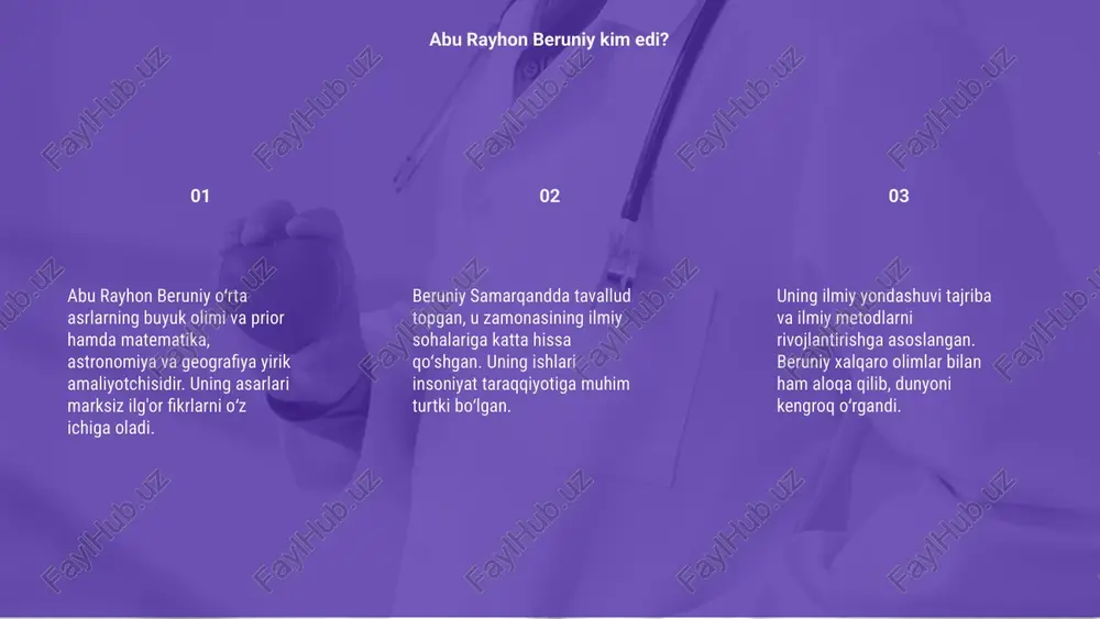i, yulduzlar va qadimiy davrlarning geografik xaritalarini yaratishga katta ahamiyat berdi. uning ishlari hozirgi kunda muhim ilmiy manba hisoblanadi. uning ta'siri musulmon olimlaridan tashqari, yevropa va osiyo ilmiy rivojlanishiga ham katta ta'sir ko'rsatdi. beruniy xalqimediyamizning buyuk merosi hisoblanadi. beruniy loyihalar va ta'siri e’tiboringiz uchun rahmat image1.png image2.png image3.png image4.gif image5.png image6.png image11.png