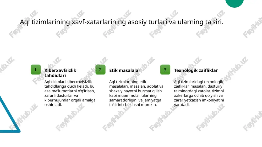 yicha muntazam ravishda o'qitish, ularni potentsial tahdidlarga qarshi ogohlantirishda muhim rol o'ynaydi va himoya strategiyalarini mustahkamlaydi. aql tizimlarida etik masalalar: muammo va yechimlar. 1 aql tizimlarida etik muammolar aql tizimlari tez rivojlanayotgan texnologiyalar bo'lib, ularning etik muammolari, masalan, axloqiy qarorlar qabul qilish jarayonida yuzaga keladi. 2 ma'lumot maxfiyligi aql tizimlarida ma'lumotning maxfiyligi muhimdir. shaxsiy ma'lumotlarni himoya qilish, foydalanuvchilar xavfsizligini ta'minlash uchun zaruriy choralar ko'rilishi kerak. 3 adolatli qaror qabul qilish aql tizimlari qaror qabul qilishda adolatli bo'lishi lozim. ularning biasi, ya'ni tarafkashligi, insonlar uchun nohaq natijalarga olib kelishi mumkin. 4 mas'uliyat va javobgarlik aql tizimlarining mualliflari va ishlab chiquvchilari mas'uliyatni tushunishlari zarur. ularning ishlab chiqilayotgan tizimlaridagi xatolar uchun javobgarlik oshishi lozim. texnologik zaifliklar: xavf-xatar va oldini olish strategiyalari. 01 texnologik zaifliklar aql tizimlarida texnologik zaifliklar, dasturiy ta'minot xatolari yoki noaniq dizaynlar bilan bog'liq bo'lib, odamlar va ma'lumotlar uchun xavf tug'diradi. 02 xavf-xatar tahlili texnologik zaifliklarni aniqlash va baholash, kiberhujumlar natijasida …