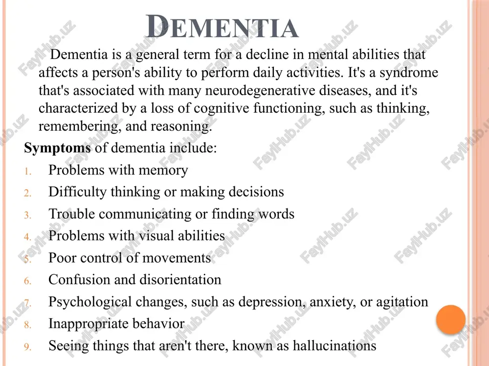 vo progressive [pregresiv] davomli terminal [to'rminl] o'limga olib boradigan, o'ldiradigan cure [kyur] davo cancer [kensr] o'simta dementia [demensha] aqliy qobilyat pasayishi stroke [strouk] miyyaga qon quyilishi decision [desijn] qaror troupe [trabl] muammo, qiyinchilik visual [vijl] ko'rish vocabulary confusion [konfyujn] chalkashlik agitation [ejiteishn] hayajon hallucinations [halusuneishn] galusunatsiya cell [sell] hujayra issue [ishshu] muammo reduce [redyus] kamaytirmoq tremor [tremer] qaltirash awareness [eveirness] bilish, ogohlik image2.png image3.png /docprops/thumbnail.jpeg