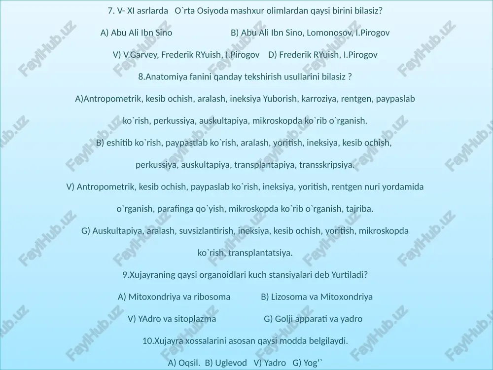 torni toping? a)arteriya b)spleen c)a,b 17.greklar qancha tuzulmalar tasvirlashgan? a)500 b)600 c)700 18.qadimgi gretsiyadagi anatomiyaga hissa qo’shgan olimlar qaysilar? a)gippokrat,platon b)aristotel,gerofil c)a,b 19.”tibbiyotning otasi”deb nom olgan olim? a)platon b)gippokrat c)gerofil 20.qaysi olim birinchi bo’lib hayvonlar murdalarini yorib, o’rgangan? a)aristotel b)gippokrat c)gerofil 21.qaysi olim aleksandriya tibbiyot maktabini bitirgan? a)erazistrat b)aristotel c)gerofil 22. anatomiyaning xozirgi zamon morfologiyasini necha xil guruhga ajratamiz? a)2 b)3 c)4 23.xozirgi zamon morfologiyasining birinchi bosqichida nima o’rganiladi? a)murda ustida organizmlar o’rganiladi b)texnikaviy usullardan foydalaniladi c)a,b 24.anatomiyani o’rganishning birinchi guruh usullari qaysilar? a)kesib ochish,arralash b)in’eksiya,korroziya c)barcha javoblar to’g’ri 25.anatomiyani o’rganishning 2-guruh usullari nechta? a)3 b)4 c)5 /docprops/thumbnail.jpeg