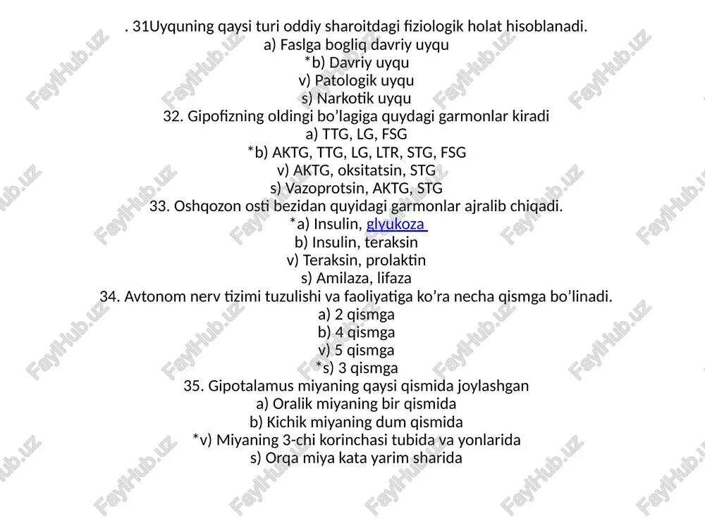 48. shartli reflekslar ta’sirlovchilari nima bo’lishi mumkin a) ovqat berish b) chaqirish v) ovqat hidi *s) barchasi. 49. nutq qaysi signallar jumlasiga kiradi a) birlamchi b) ikkilamichi. v) birlamchi va ikkilamchi s) to’gri javob yo’q 50. uyquning nechta turi bor a)2 b)3 v)4 s)5 /docprops/thumbnail.jpeg