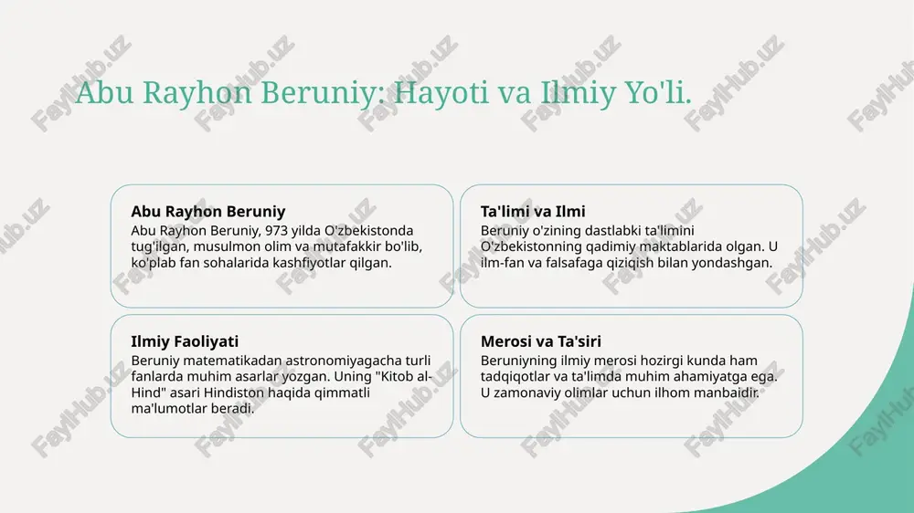 u rayhon beruniy va astronomiya: yulduzlar va sayyoralar tizimi. 1 beruniy va astronomiya abu rayhon beruniy, astronomiya sohasida ilm-fan rivojida muhim rol o'ynagan. u yulduzlar va sayyoralar haqidagi nazariyalarni ishlab chiqdi va kuzatdi. 2 astronomik asboblar beruniy, astronomik kuzatishlar uchun innovatsion asboblar yaratdi. ular orqali yulduzlarning joylashuvi va harakatlarini aniq aniqlash mumkin bo'ldi. 3 yulduzlar tizimi beruniy, yulduzlar tizimini o'rganishda dastlabki tadqiqotlarni amalga oshirdi. uning ishlari, astronomiyaning rivojlanishida muhim poydevor bo'ldi. beruniyning madaniyat tadqiqotlariga qo'shgan hissasi: o'zbekistondagi ilmiy meros. 1 beruniy va madaniyat - beruniy, o'z davrida madaniyatni rivojlantirishga katta hissa qo'shgan, tarixiy va madaniy merosni o'rganish orqali ilm-fanni yuksaltirdi. 2 etnografik tadqiqotlar - beruniy o'zining etnografik tadqiqotlari orqali o‘zbekiston xalqlari madaniyatini chuqur o‘rganib, ularning urf-odatlari va an'analarini hujjatlashtirdi. 3 tarixiy yozuvlar - u tarixiy yozuvlar orqali o‘zbekistonning qadimiy sivilizatsiyalari haqida qimmatli ma'lumotlar qoldirib, ilmiy an'anani boyitdi va keyingi avlodlarga yetkazdi. 4 meros va ta'sir - beruniy asarlari nafaqat o‘zbek …