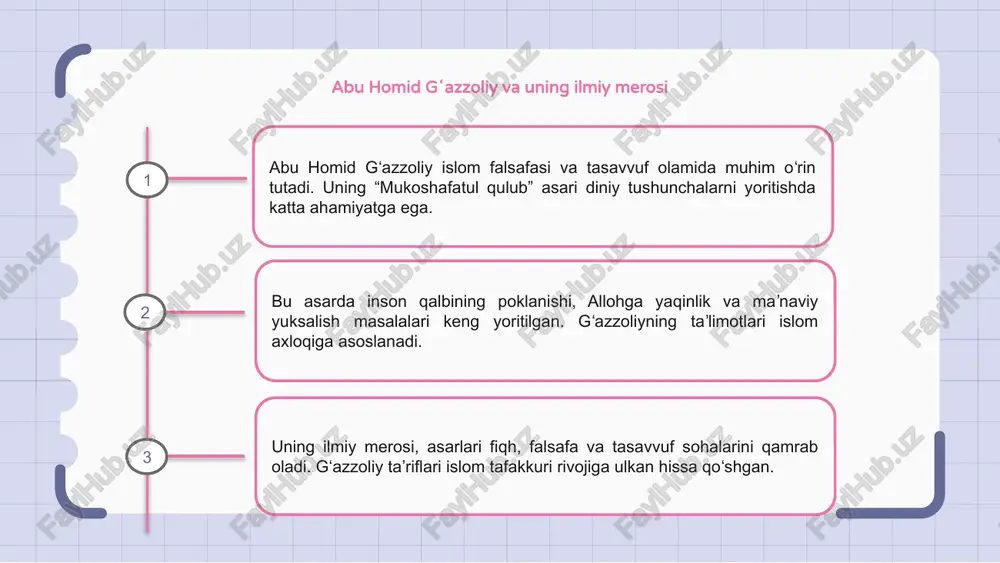 sof niyat qilish hamda riyodan qochishni anglatadi. gʻazzoliyga ko‘ra, haqiqiy muhabbat ixlos bilan bog‘liq bo‘lib, inson qalbini poklaydi. shu tariqa, insonlik kamoloti va allohga yaqinlik yuksaladi. sabr va shukrning roli islomda abu homid gʻazzoliyning “mukoshafatul qulub” asarida sabr va shukr islomiy fazilat sifatida taʼkidlanadi. sabr insoniy sinovlarga bardosh berishga yordam beradi. shukr qilish esa allohning neʼmatlarini qadrlash va minnatdorlik bildirishning ifodasidir. bu tushunchalar musulmonlarning qalbini pok saqlashga xizmat qiladi. sabr va shukr bilan yashash inson ruhiyatini mustahkam qiladi. bu ikki fazilat allohga bo‘lgan yaqinlikni oshirib, hayotni maʼnaviy boyitadi. e’tiboringiz uchun rahmat