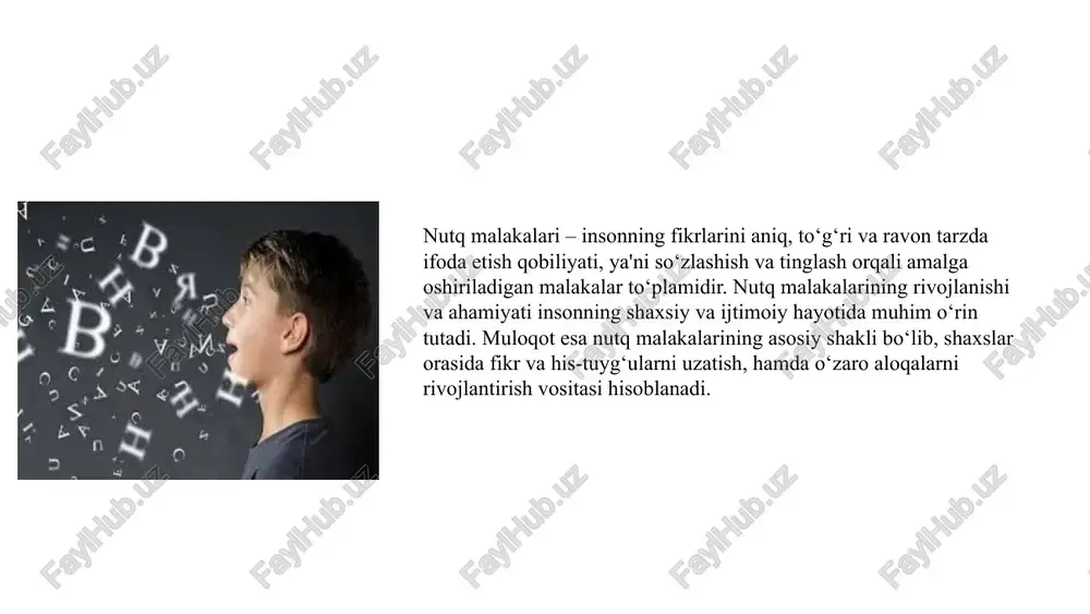 gan muhabbatni uyg'otadi, tanqidiy fikrlash ko'nikmalarini rivojlantiradi va o'quvchilarni ishonchli kitobxonlar va samarali muloqotchilarga aylantirishga yordam beradi. 4. yozish malakalarini rivojlantirishda tarbiyachining amaliy faoliyati. 01 02 03 yozish malakasi o‘qish malakasiga nisbatan murakkabroq va ko‘proq amaliy ko‘nikmalarni o‘z ichiga oladi. yozishbolalar uchun fikrlarni ifodalash, ular bilan muloqot qilish va ijodiy fikrlashni rivojlantirishda muhim vosita hisoblanadi. qo'llab-quvvatlovchi va rag'batlantiruvchi o'quv muhitini yaratish orqali o'qituvchilar o'quvchilarga yozish qobiliyatlarini rivojlantirish va malakali muloqotchilar bo'lish imkoniyatini beradi. yozish o‘qishning samarali amalga oshishiga yordam beradi, chunki o‘z fikrlarini yozma ravishda ifodalash bolalarga o‘qiganlarini yanada chuqurroq tushunish va xotirada saqlashga yordam beradi. 10. muloqot, o‘qish va yozish ko‘nikmalarini rivojlantirishda pedagoglarning hamkorlikdagi harakatlari. o'qituvchilar nutq, muloqot, o'qish va yozish ko'nikmalarini rivojlantirishda hal qiluvchi rol o'ynaydi. hamkorlikdagi sa'y-harakatlar orqali o'qituvchilar o'quvchilarning qobiliyatlarini oshirish uchun qulay muhit yaratishlari mumkin. o‘qituvchilar o‘rtasidagi hamkorlik o‘quvchilarda muloqot, o‘qish va yozish ko‘nikmalarini rivojlantirishga yaxlit yondashuvni ta’minlaydi. birgalikda ishlash orqali o'qituvchilar ta'lim natijalarini yaxshilash …