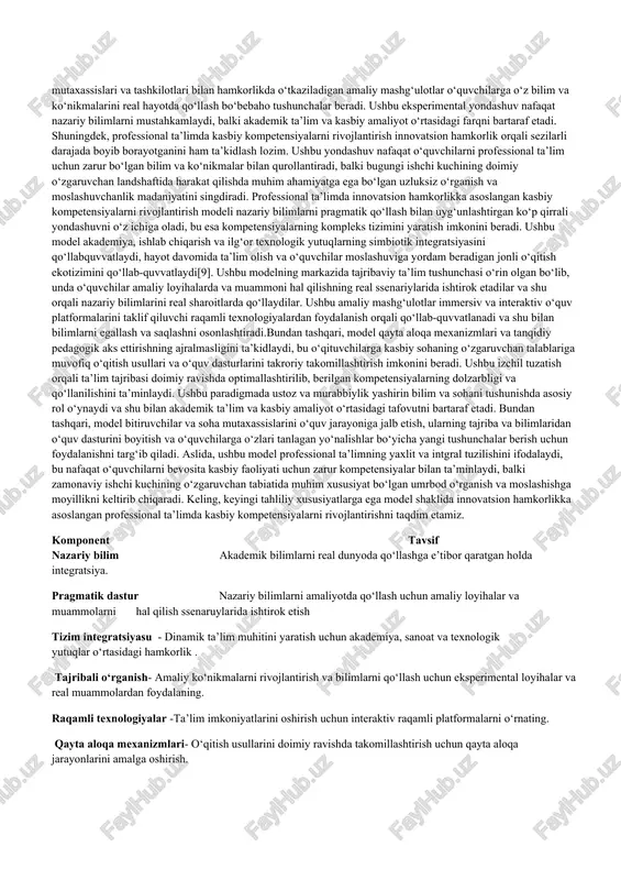 quv dasturlari mos kelishi va o‘quvchilar mehnat bozorida talab bo‘lgan malakalarni egallashi uchun ta’lim muassasalari sohadagi hamkorlar bilan hamkorlik qilishi zarur. professional ta’limdagi innovatsion metodlar kasbiy dunyoda dolzarb, qo‘llaniladigan va kompetensiyalarni rivojlantirish uchun juda qimmatli, shuningdek muhimdir. ushbu usullar nafaqat o‘quv tajribasini boyitadi, balki talabalarning zamonaviy ishchi kuchining qiyinchiliklari va imkoniyatlariga yaxshi tayyorlanishini ta’minlaydi. nazariy bilimlar va amaliy ko‘nikmalar o‘rtasidagi sinergiya ayniqsa, professional ta’limda samarali ta’limning asosini tashkil etadi. bu o‘zaro aloqa o‘quvchilarning har tomonlama tushunish va ko‘nikmalarini rivojlantirish uchun juda muhimdir. ta’limda nazariya va amaliyotning integratsiyalashuvi kompetensiyalarni har tomonlama rivojlantirishning asosiy omili hisoblanadi [5]. ushbu integratsiya o‘quvchilarning nafaqat o‘z sohasining nazariy asoslarini tushunishlarini, balki ushbu tushunchalarni amaliy vaziyatlarda qo‘llay olishlarini, ularni professional dunyo talablariga tayyorlashni ta’minlaydi. ta’limning rivojlanishi tobora ko‘proq fanlararo bilimlarning integratsiyalashuviga bog‘liq - bu ko‘p qirrali va moslashuvchan mutaxassislarni tayyorlashning kalitidir. bunday integratsiya murakkab masalalarni har tomonlama tushunishga yordam beradi va o‘quvchilarni zamonaviy dunyoda zarur bo‘lgan turli …