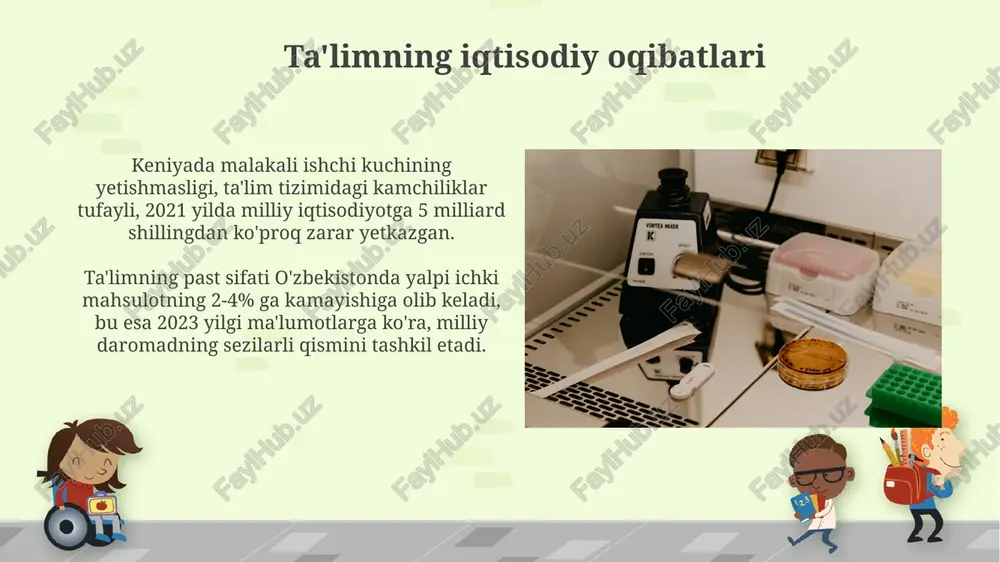 gogik malaka oshirish kurslaridan o'tmaganligi ta'lim sifati pasayishiga olib kelmoqda. qiz bolalar ta'limining cheklanganligi qiz bolalarga ta'lim olish imkoniyati 40% gacha past bo'lgan nigeriya kabi mamlakatlarda, qashshoqlik va madaniy an'analar asosiy to'siqlar hisoblanadi. kenyada, qizlarning o'rta maktabga borish ko'rsatkichi 60% atrofida, bu esa malakali kasb-hunarlarga kirish imkoniyatlarini cheklaydi va iqtisodiy tengsizlikni kuchaytiradi. ta'limga davlat mablag'larining yetarli emasligi keniyada 2020-yilda boshlang'ich ta'lim uchun ajratilgan mablag'lar o'rtacha har bir o'quvchiga yiliga 20 aqsh dollari miqdorida bo'lib, bu esa sifati past ta'lim xizmatlarini ta'minlashga olib keldi. nigeriyada 2018-yilda ta’limga ajratilgan davlat mablag'lari yalpi ichki mahsulotning atigi 12% ni tashkil etdi, bu esa ko'plab maktablarda infratuzilma va texnologiya etishmasligiga sabab bo'ldi. ta'lim tizimidagi korruptsiya afrika mamlakatlarining ta'lim tizimida korruptsiya, ayniqsa, nigeriya kabi yirik davlatlarda, o'quvchilarni qabul qilish jarayonida 50% dan ortiq pora berish holatlari bilan ifodalanadi. tanzaniyada 2018-yilgi hisobotlarga ko'ra, davlat maktablariga ajratilgan mablag'larning 30% dan ortig'i o'g'irlangan yoki noto'g'ri sarflangan, bu esa maktab …