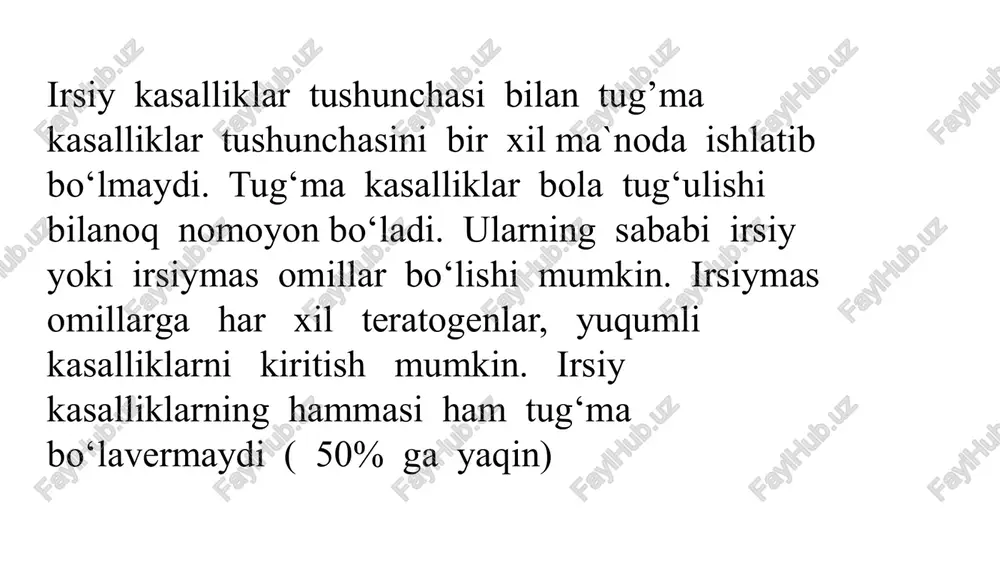 lliklari. gen kasalliklari – gen mutatsiyalari natijasida kelib chiqadi. xromosoma kasalliklari – genom va xromosoma mutatsiyalari natijasida kelib chiqadi. irsiy moyilli kasalliklar monogen va poligen bo‘lishi mumkin. bu kasalliklar yuzaga chiqishi uchun ma`lum muhit omillari ta`siri kuzatilishi shart. somatik hujayralar irsiy kasalliklari asosida somatik hujayralar mutatsiyalari yotadi. ba`zi yomon sifatli o‘smalarda xromosoma mutatsiyalari hujayralar transformatsiyasiga sabab bo‘lishi aniqlangan. embriogenezning qaltis davrlarida somatik hujayralardagi mutatsiyalar tug‘ma rivojlanish nuqsonlariga sabab bo‘lishi mumkin. ona va pusht antigenlari nomosligi irsiy kasalliklari ona organizmining pusht antigenlariga immunologik reaktsiyasi natijasidir. irsiy kasalliklarning klinik tasnifi a`zolar va tizimlar prinsipiga yoki moddalar almashinuvi tipiga asoslanadi masalan: ko‘z, asab va mushaklar tizimlari kasalliklari, ruhiy kasalliklar, tayanch-harakat tizimi kasalliklari, qon va biriktiruvchi to‘qima kasalliklari va boshqalar. lekin bunday tasnifi shartli bo‘lishligini unutmaslik kerak, chunki aynan bir xil kasallik birlamchi namoyon bo‘lishiga qarab har xil guruhlarga kiritilishi mumkin: agar avval terida dog‘lar yoki tugunchalar paydo bo‘lsa, neyrofibromatoz bilan kasallangan shaxs teri …