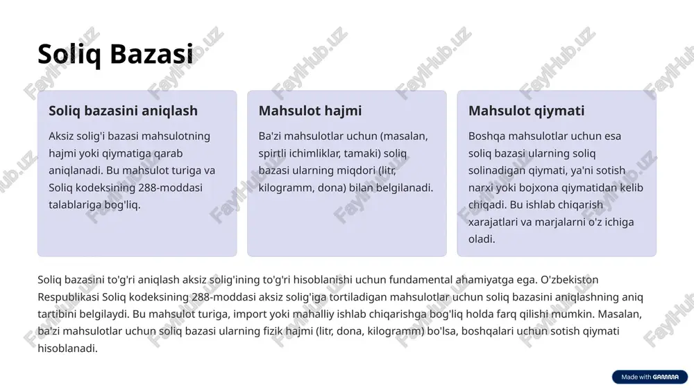 gi aksiz solig'iga tortiladigan mahsulotlar uchun choraklik to'lovlar tizimi qo'llanilishi mumkin. bu ayrim to'lovchilar uchun qulaylik yaratadi. 2 yillik to'lovlar juda kam hollarda, yillik to'lovlar ham ko'zda tutilishi mumkin, ammo bu odatda kichik hajmdagi operatsiyalar uchun qo'llaniladi. 3 aksiz solig'ini to'lash muddatlari qat'iy belgilangan bo'lib, ularga rioya qilmaslik javobgarlikka sabab bo'ladi. ko'pchilik aksiz solig'i har oyda, hisobot oyidan keyingi oyning 25-kuniga qadar to'lanadi. ba'zi hollarda choraklik yoki yillik to'lovlar ham ko'zda tutilishi mumkin. to'lovlarni kechiktirish uchun qonunchilikda penya va jarimalar belgilangan. shuning uchun, to'lovchilarga belgilangan muddatlarga qat'iy rioya qilish tavsiya etiladi. 6 hisobot taqdim etish tartibi elektron shaklda aksiz solig'i bo'yicha hisobotlarni asosan elektron shaklda, soliq organlarining maxsus dasturlari orqali taqdim etish zarur. bu jarayonni tezlashtiradi va xatolarni kamaytiradi. qog'oz shaklda ayrim hollarda, elektron hisobot topshirish imkoniyati bo'lmaganida, qog'oz shaklda hisobot taqdim etishga ruxsat beriladi. bu, odatda, yangi tadbirkorlik sub'ektlari yoki texnik muammolar yuzaga kelganida qo'llaniladi. hisobot muddatlari hisobot har …