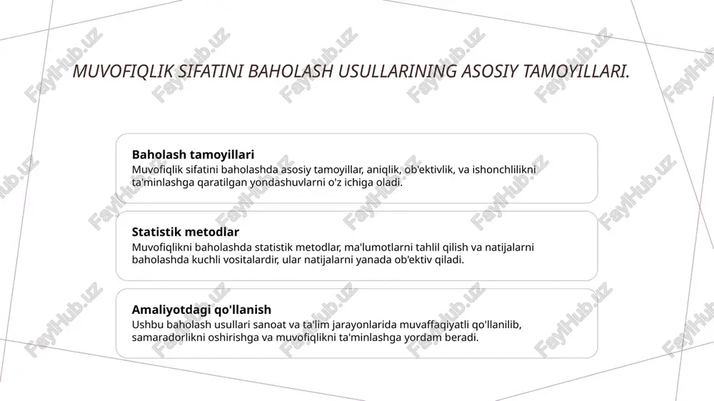 ri, resurslardan samarali foydalanishni ta'minlaydi. tahlil va monitoring muvofiqlikni ta'minlashda real vaqtli tahlil va monitoring tizimlari, jarayonlarni kuzatish va muammolarni aniqlashda yordam beradi. ta'lim metodologiyalarida muvofiqlikni baholashning asosiy tamoyillari. 01 ta'limda muvofiqlik ta'lim metodologiyalarida muvofiqlik, o'quv jarayonlarida maqsadlar va natijalar o'rtasidagi moslikni ta'minlashga qaratilgan asosiy tamoyildir. 02 baholash mezonlari muvofiqlikni baholashda aniq mezonlar belgilash zarur. bu mezonlar o'quv dasturlari, o'qitish usullari va talabalar natijalarini tahlil qilishni o'z ichiga oladi. 03 innovatsion yondashuvlar ta'limda muvofiqlikni oshirish uchun innovatsion metodlar, masalan, interaktiv o'qitish va texnologiyalardan foydalanish, muhim ahamiyatga ega. bu yondashuvlar talabalar motivatsiyasini oshiradi. o'qitish jarayonlarida muvofiqlik sifatini oshirish strategiyalari. 1 muvofiqlikni baholash - o'qitish jarayonlarida muvofiqlikni baholash, o'quv dasturlari va metodlarini samaradorligini aniqlashda muhim ahamiyatga ega. bu jarayon talabalarni rivojlantirishga yordam beradi. 2 innovatsion metodlar - o'qitish jarayonida innovatsion metodlarni qo'llash, muvofiqlik sifatini oshirishga yordam beradi. masalan, interaktiv texnologiyalar va masofaviy o'qitish usullari samarali natijalar beradi. 3 muntazam baholash - o'qitishda …