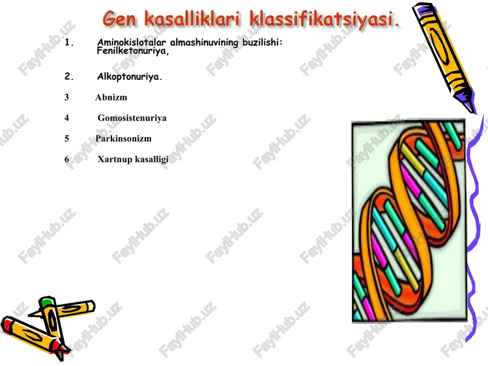 l fenilalanin va tirozini ko`p bo`lgan ozuqalarni kam istemol qilishi kerak. bu kasallik tirozinni melaninga aylantiruvchi tirozinaza fermenti sintezini boshqaruvchi geninning mutatsiyaga uchrashi hisobiga sodir bo`ladi.albinizm kasalligida terida,sochda,ko`zning rangdor pardasida rang bo`lmaydi va ko`zning ko`rish qobilyati ancha susayadi. albinizm kasalligi to`liq yoki qisman paydo bo`lishi mumkin. to`liq albinizm autosomadagi retsessiv gen ishtirokida yuzaga chiqsa,qisman albinizm esa autosomadagi dominanat gen bilan yuzga chiqadi.to`liq albinizm 1:15000,qisman albinizm 1:200000nisbatda uchraydi to`liq albinizm teri va sochda pigment bo`lmaganligi uchun teri va soch oq bo`ladi,ko`zning rangdor pardasida rang bol`maganligi uchun qon tomirlar ko`rinib turadi va shuning uchun ko`z qizil rangda bo`ladi.qisman albinizmda terining ayrim joylaridagi oq dof`lar kuzatiladi. ayrim holatlarda soch oq bo`lib teri va ko`z pigmentli bo`ladi faqat ko`zda pigmentning bol`masligi kuzatiladi.b unday kishilarga yorug`lik tez ta`sir qiladi.ayrim holatlarda albinizm kasalligida eshitmaslik va ayrim a`zolar rivojlanishida qator kamchiliklar kuzatiladi.aqshda t`oliq albinizmli kishilar yashaydigan qishloq bor.ular faqat kechasigina tirikchilik qiladi,kunduzi esa uylaridan tashqariga chiqishmaydi.hozirgi kunda …