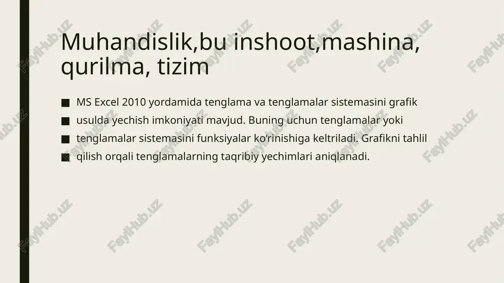 i bossak, unda faol ishchi kitobdagi nomlangan kataklar va diapazonlarning ( agar ular mavjud bo‘lsa) hamma nomlarini birma-bir ko‘rib chiqish mumkin ischi xujjatlar bilan ishlash: 1. ish olib borilayotgan jadvalning barcha kataklarini ajratib ko‘rsatish. joriy oynadagi ishchi jadvalning barcha kataklarini ajratib ko‘rsatish uchun sichqoncha tugmasini bosgan holda sichqonchani harakatga keltirish lozim. 2. ustun nomi. jadvaldagi barcha mavjud 256 ustunlar lotin alifbosining bosh harflari bilan belgilanadi va u a dan boshlab iv gacha belgilanadi. boshqacha aytganda, avval a dan z gacha, keyingi ustunlar aa, ab,.....,az, ba,bb,...,bz,.... va oxirgi 256-ustun iv deb belgilanadi. biror ustunning barcha kataklarini belgilab olish uchun ustun nomi ustida sichqoncha tugmasini bosish kerak. 3. faol katak indikatori. bu qora rangdagi kontur bo‘lib, joriy katakni ajratib ko‘rsatib turadi. ayrim hollarda u jadvallar kursori deb ham ataladi. ishchi kitob varaqlari bilan ishlash ms excel dasturi ishga tushirilgandan so‘ng avtomatik ravishda yangi ishchi kitob «kniga1» nomi bilan yaratiladi. agarda siz boshqa …
